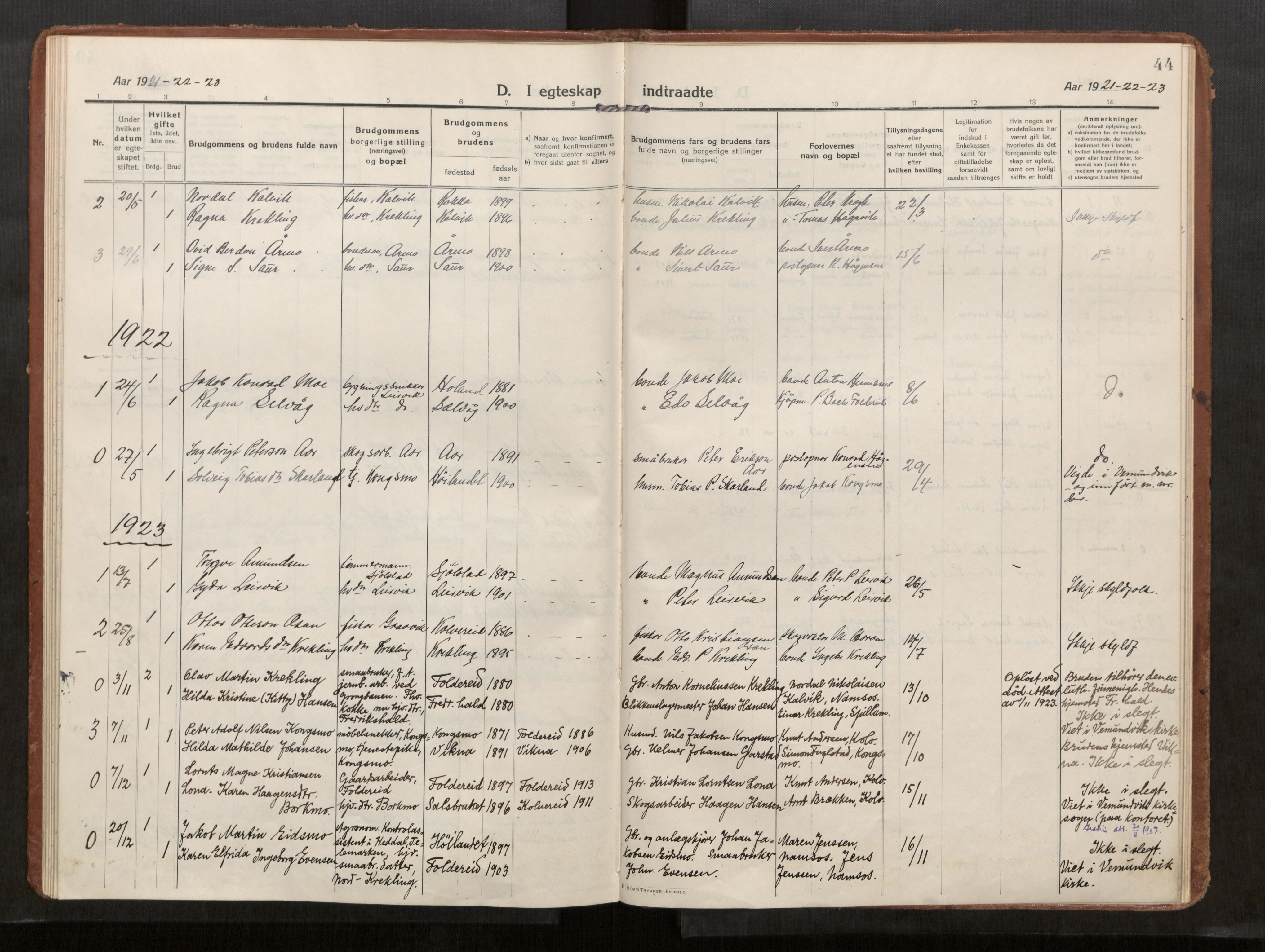 Kolvereid sokneprestkontor, SAT/A-1171/H/Ha/Haa/L0002: Parish register (official) no. 2, 1914-1926, p. 44