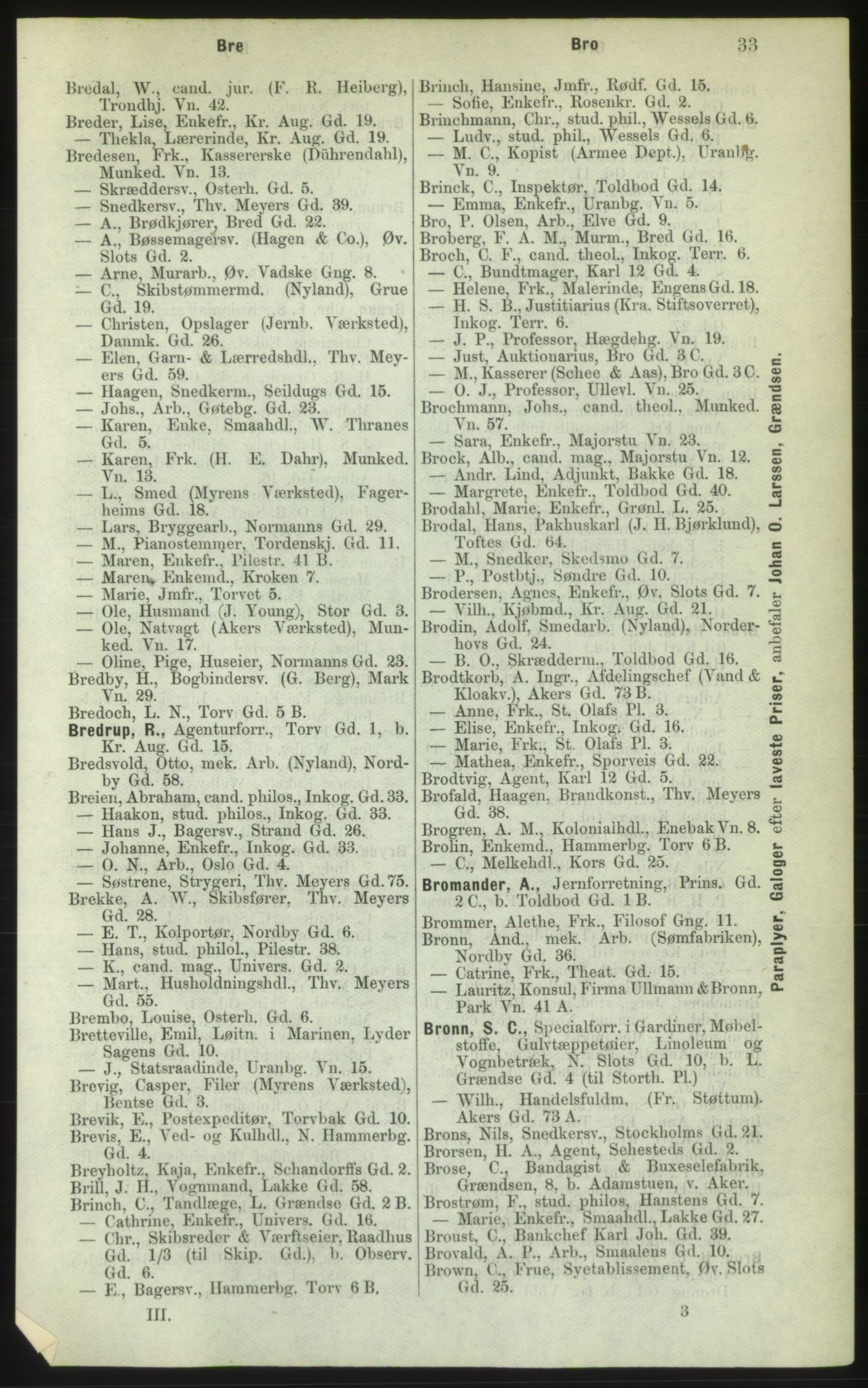 Kristiania/Oslo adressebok, PUBL/-, 1882, p. 33