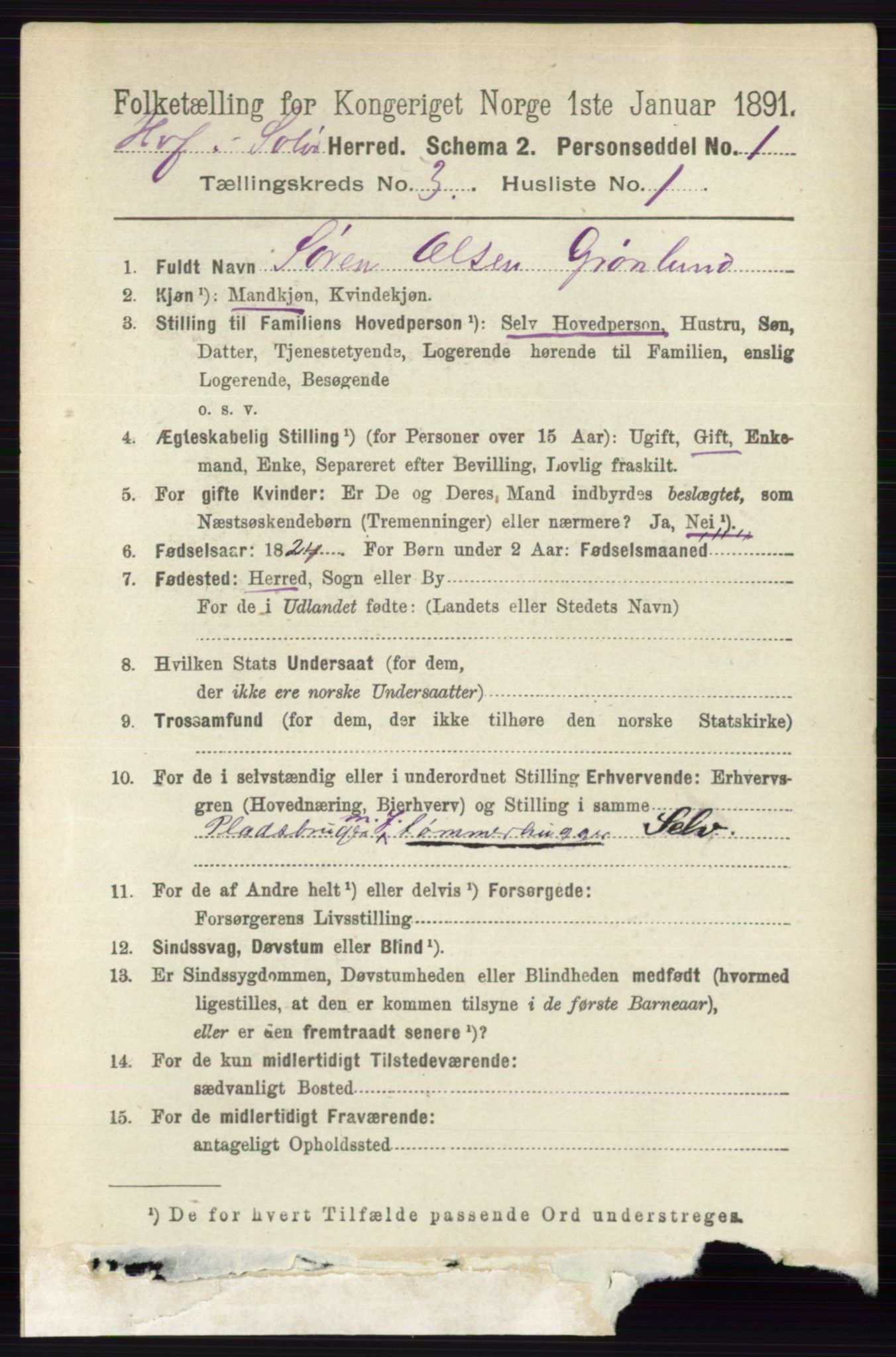 RA, 1891 census for 0424 Hof, 1891, p. 846