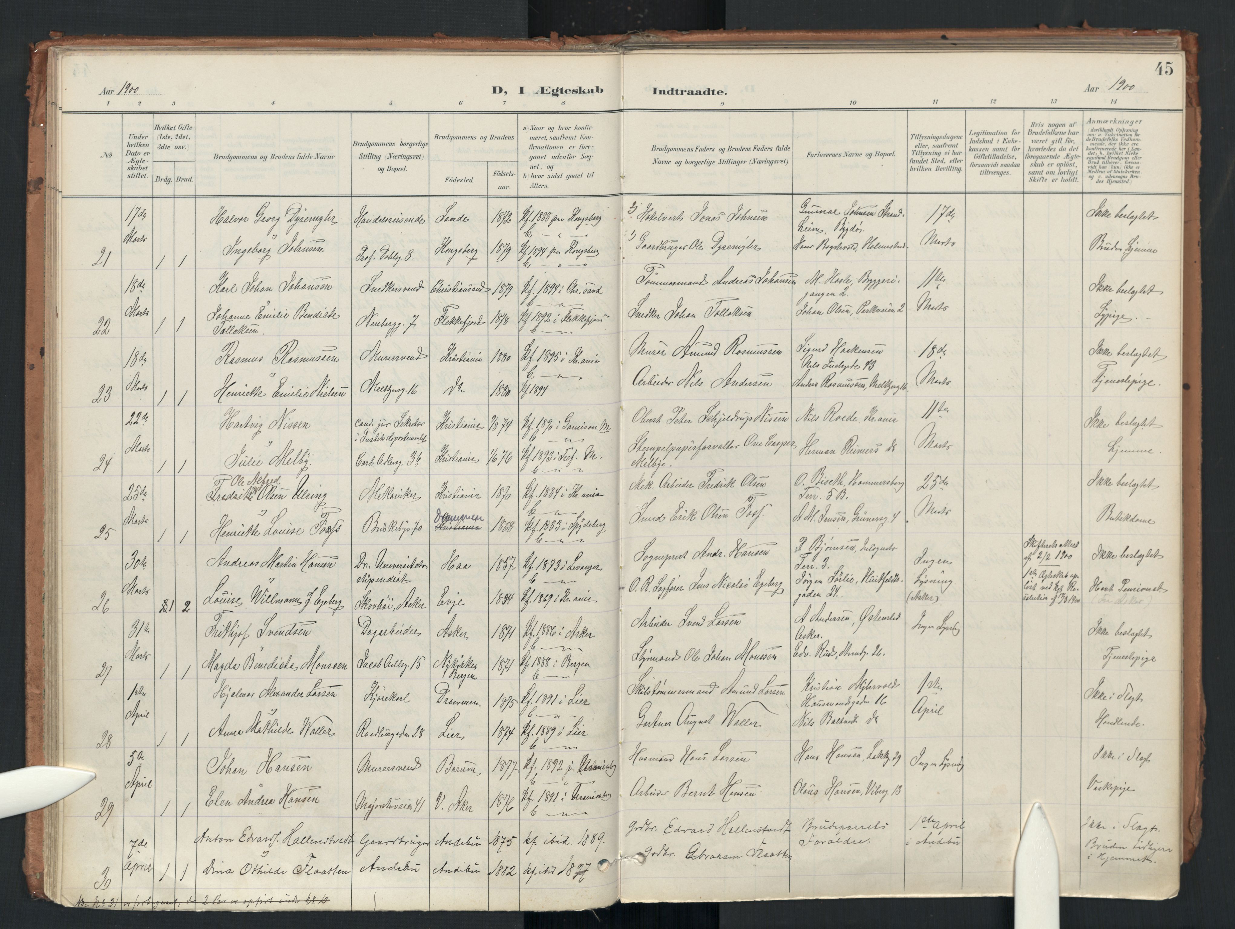 Uranienborg prestekontor Kirkebøker, AV/SAO-A-10877/F/Fa/L0007: Parish register (official) no. 7, 1896-1914, p. 45