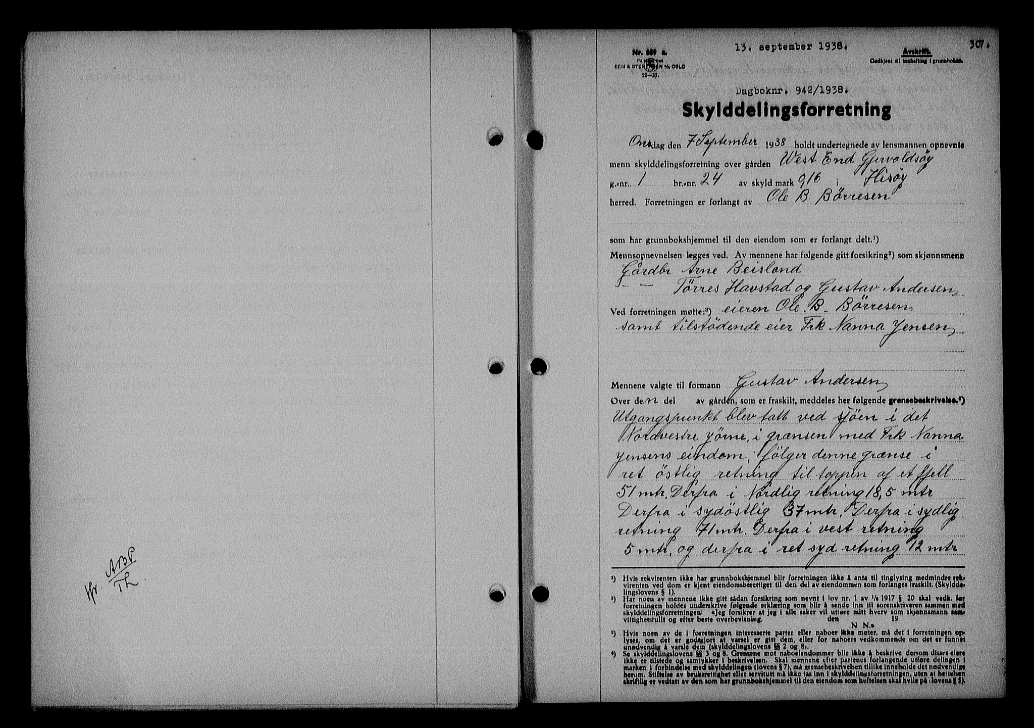 Nedenes sorenskriveri, AV/SAK-1221-0006/G/Gb/Gba/L0045: Mortgage book no. 41, 1938-1938, Diary no: : 942/1938