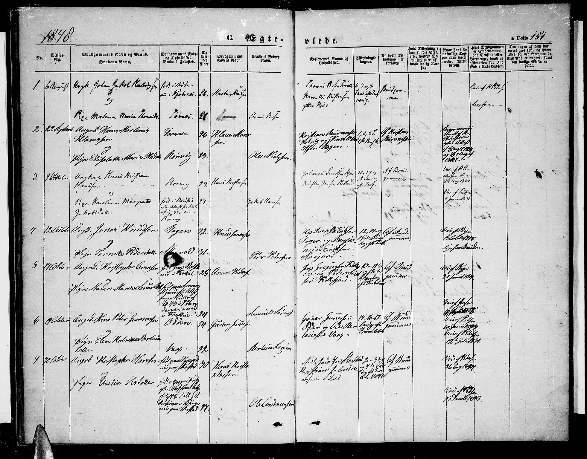 Ministerialprotokoller, klokkerbøker og fødselsregistre - Nordland, AV/SAT-A-1459/872/L1045: Parish register (copy) no. 872C01, 1840-1851, p. 151