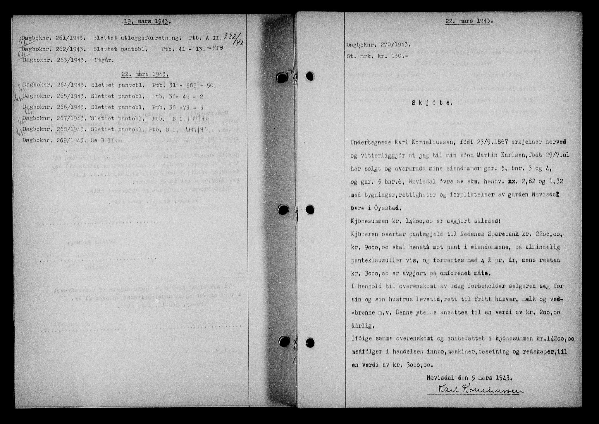 Nedenes sorenskriveri, SAK/1221-0006/G/Gb/Gba/L0050: Mortgage book no. A-IV, 1942-1943, Diary no: : 270/1943