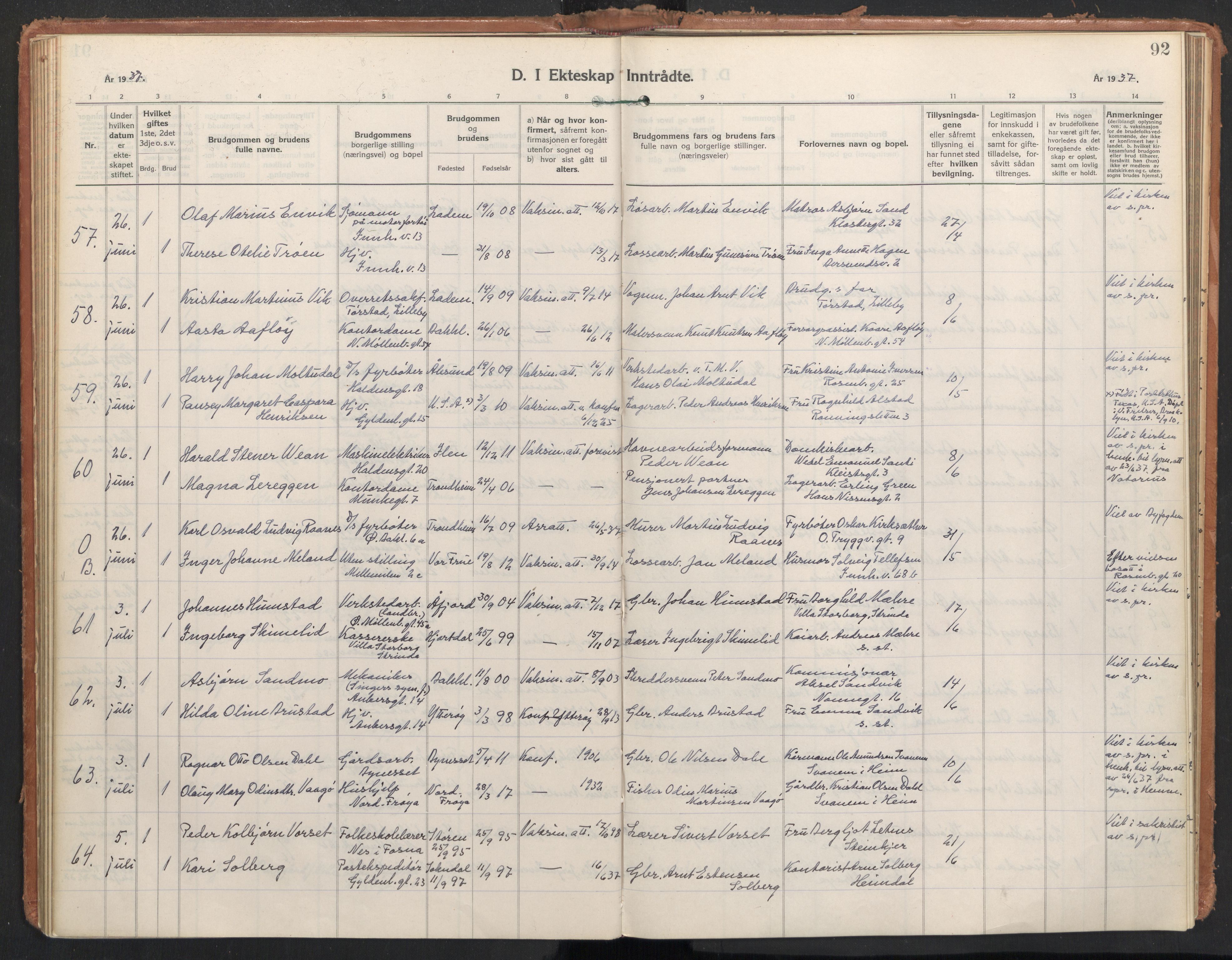 Ministerialprotokoller, klokkerbøker og fødselsregistre - Sør-Trøndelag, AV/SAT-A-1456/604/L0209: Parish register (official) no. 604A29, 1931-1945, p. 92