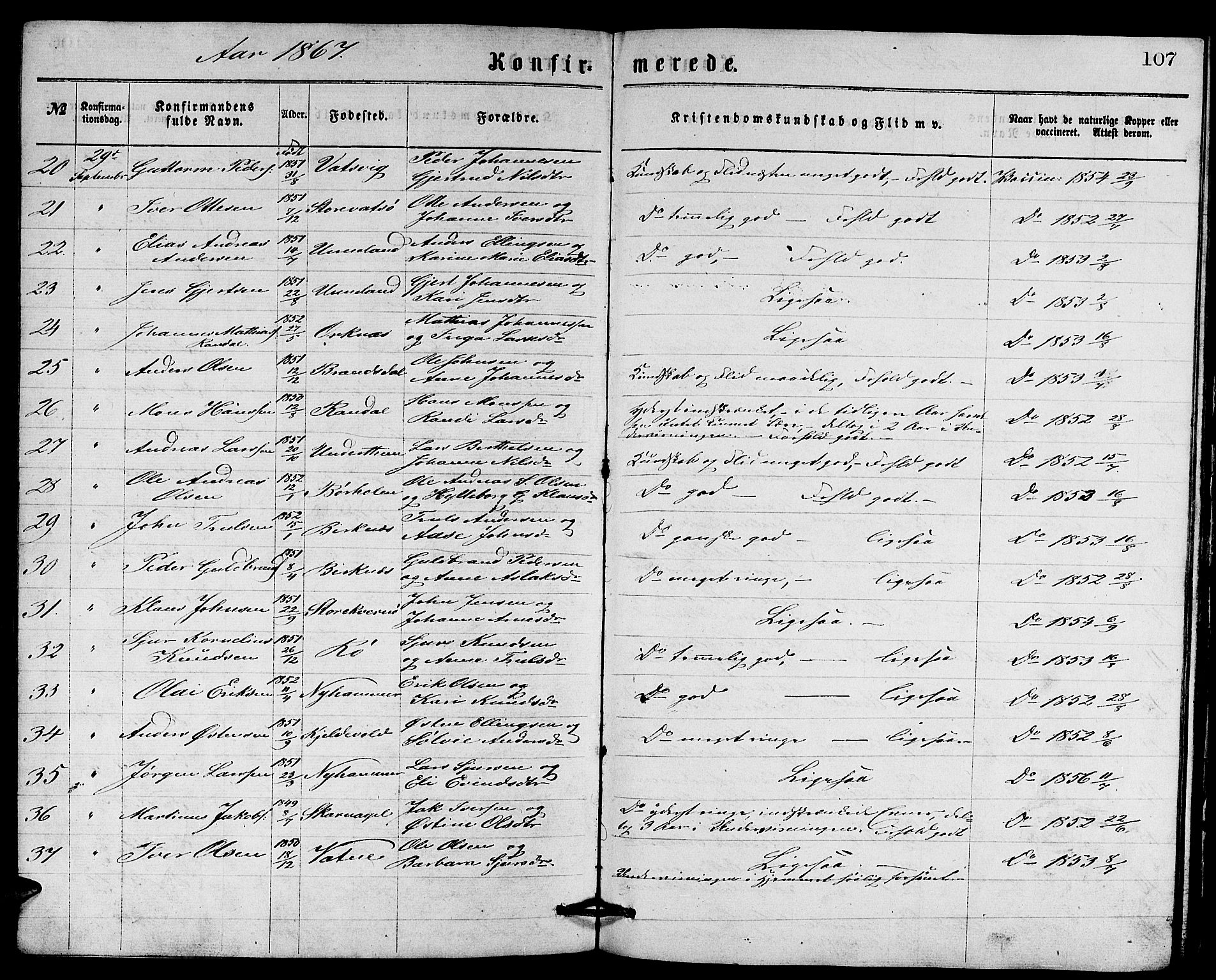 Gulen sokneprestembete, AV/SAB-A-80201/H/Hab/Habb/L0002: Parish register (copy) no. B 2, 1867-1883, p. 107