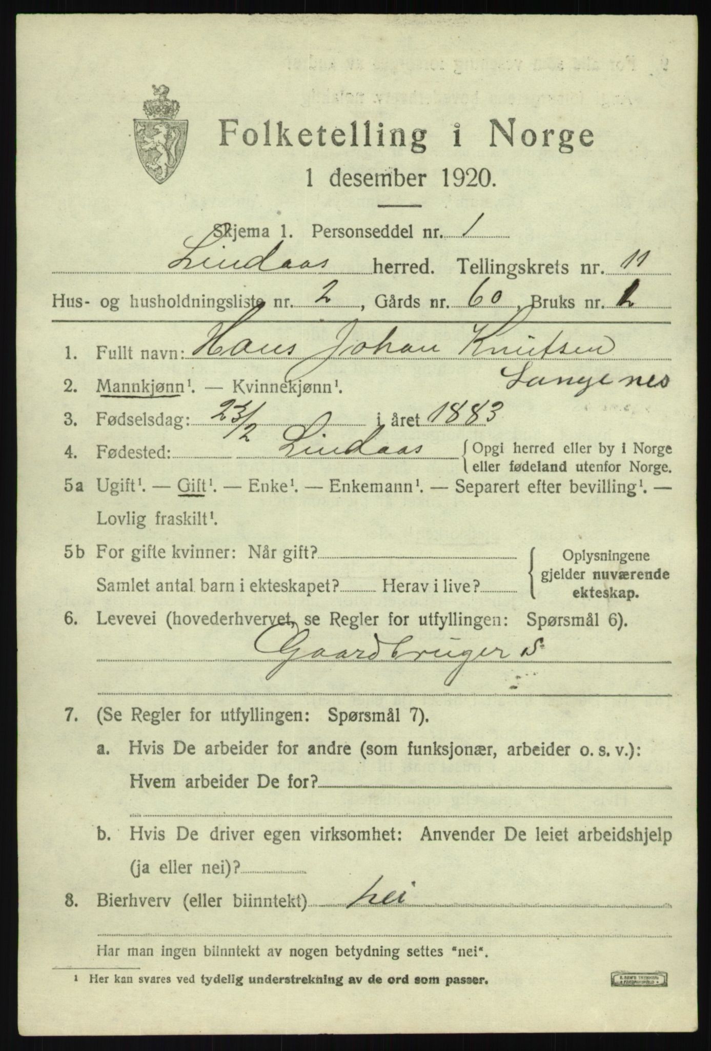 SAB, 1920 census for Lindås, 1920, p. 5609