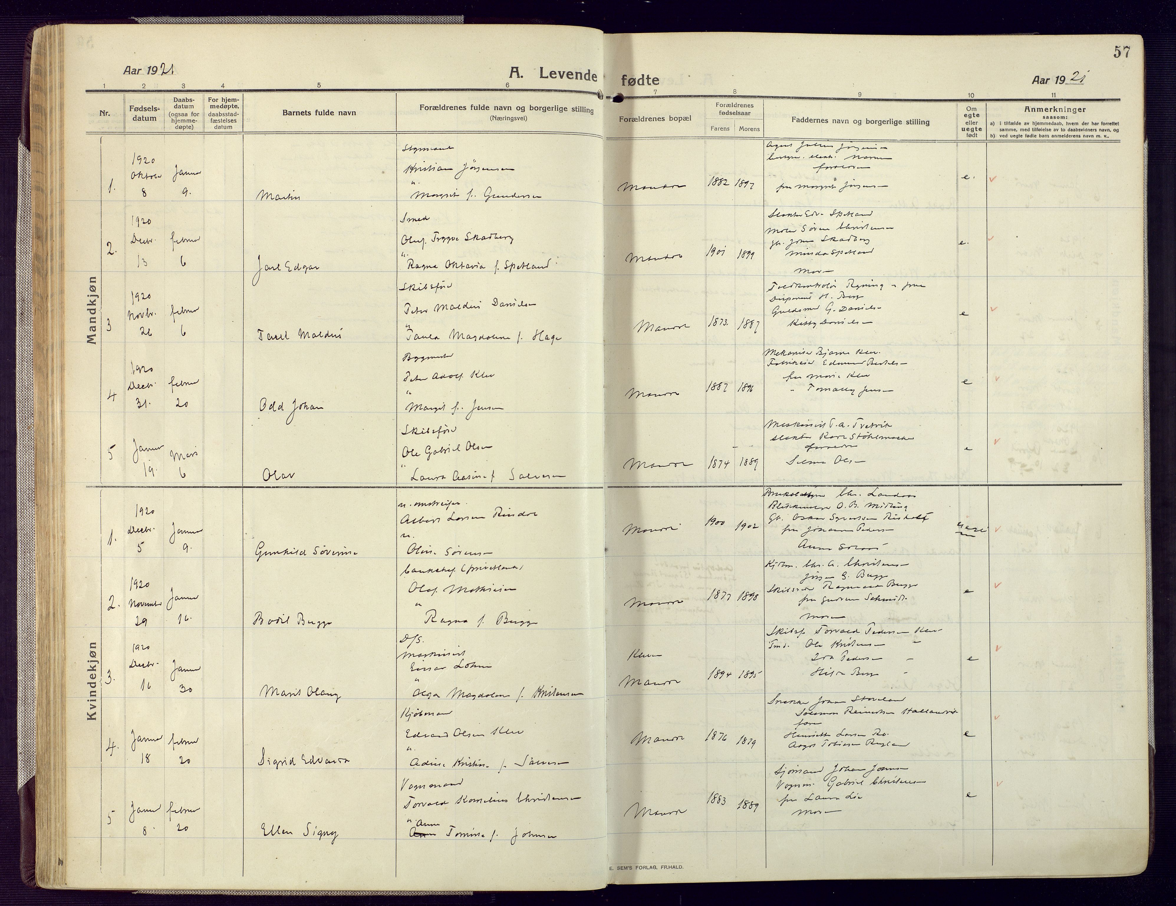 Mandal sokneprestkontor, SAK/1111-0030/F/Fa/Fac/L0001: Parish register (official) no. A 1, 1913-1925, p. 57