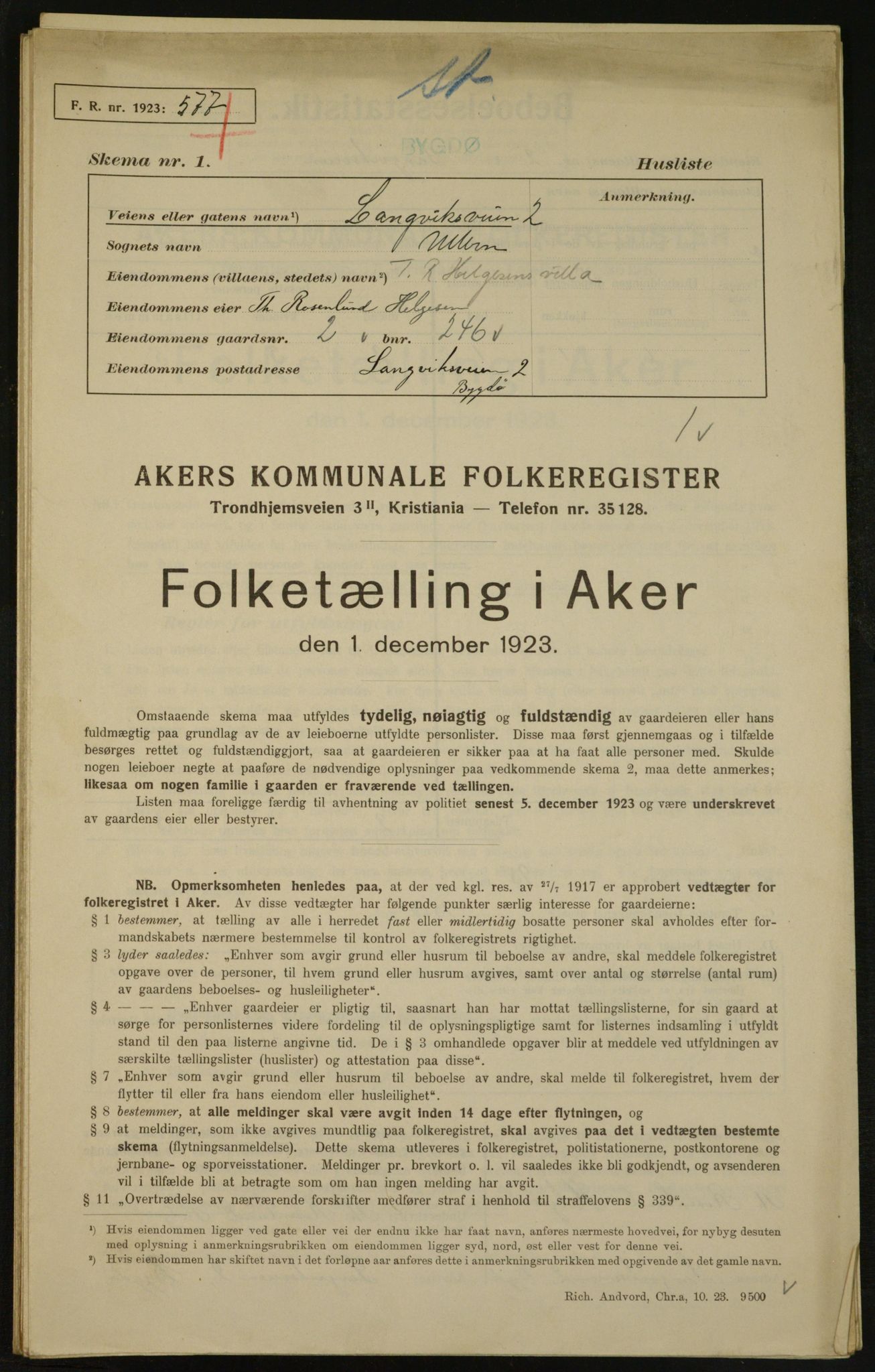 , Municipal Census 1923 for Aker, 1923, p. 3351