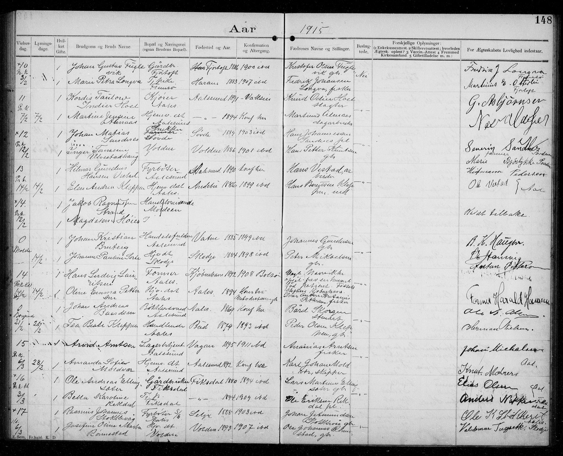 Ministerialprotokoller, klokkerbøker og fødselsregistre - Møre og Romsdal, AV/SAT-A-1454/529/L0458: Banns register no. 529A08, 1901-1918, p. 148