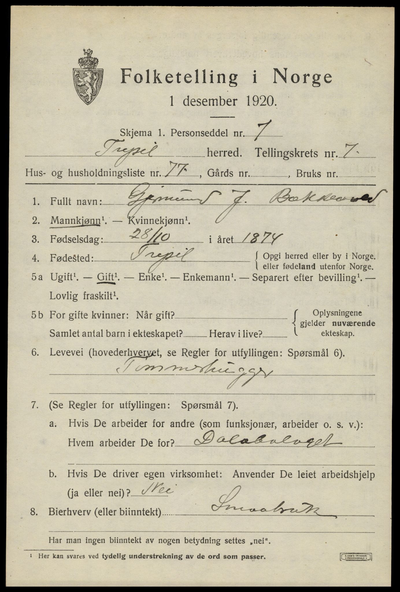 SAH, 1920 census for Trysil, 1920, p. 6205