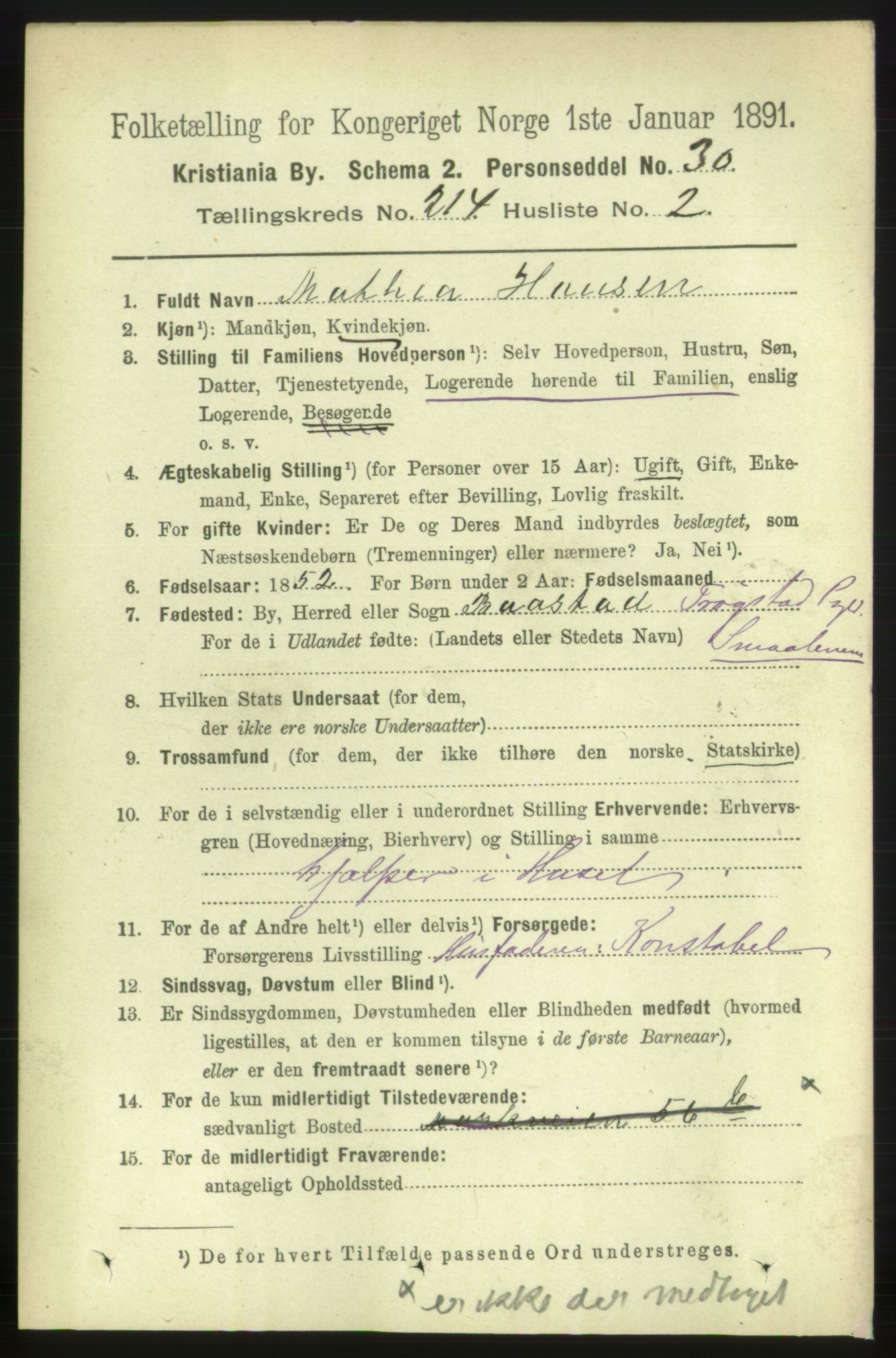 RA, 1891 census for 0301 Kristiania, 1891, p. 127313