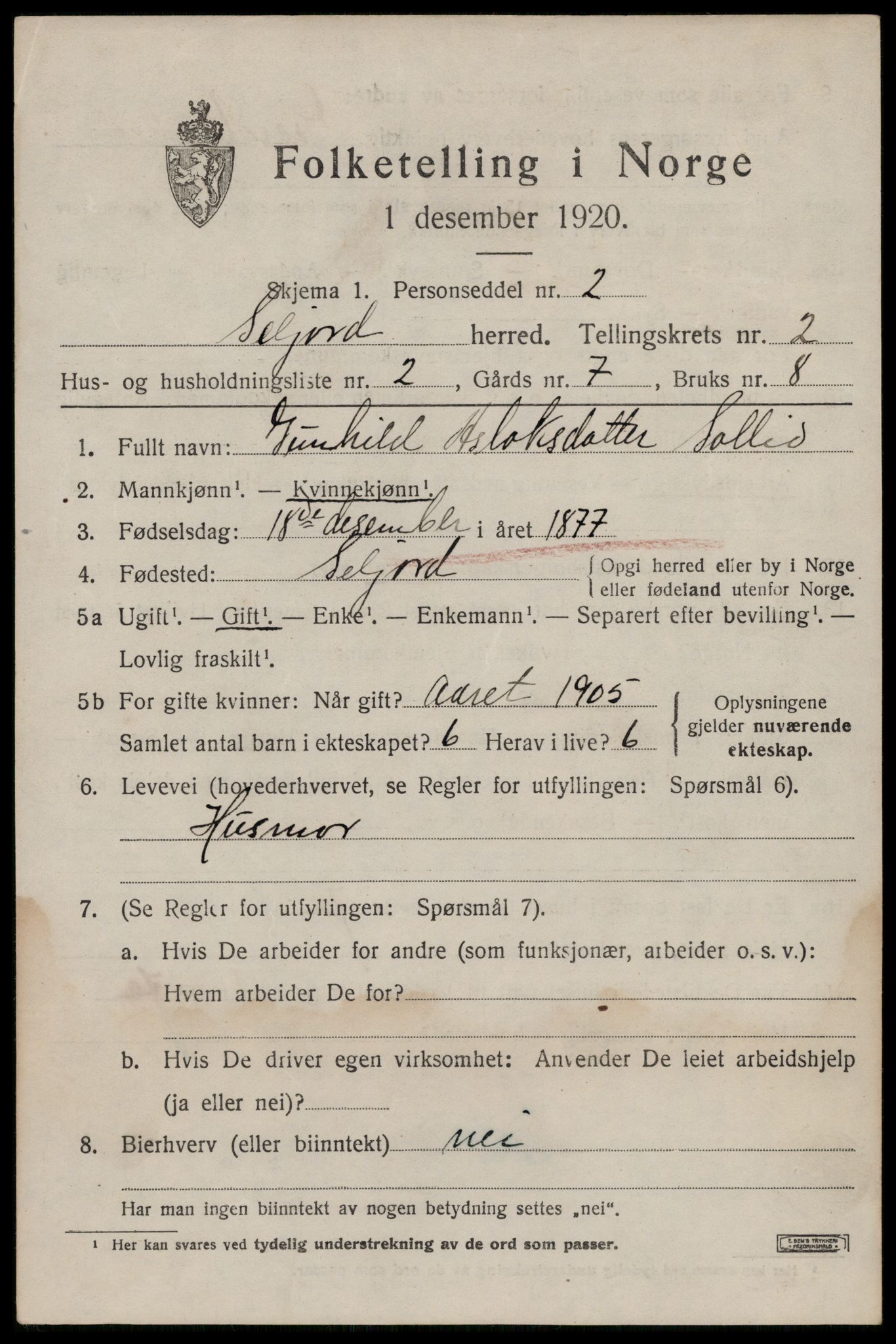 SAKO, 1920 census for Seljord, 1920, p. 1536