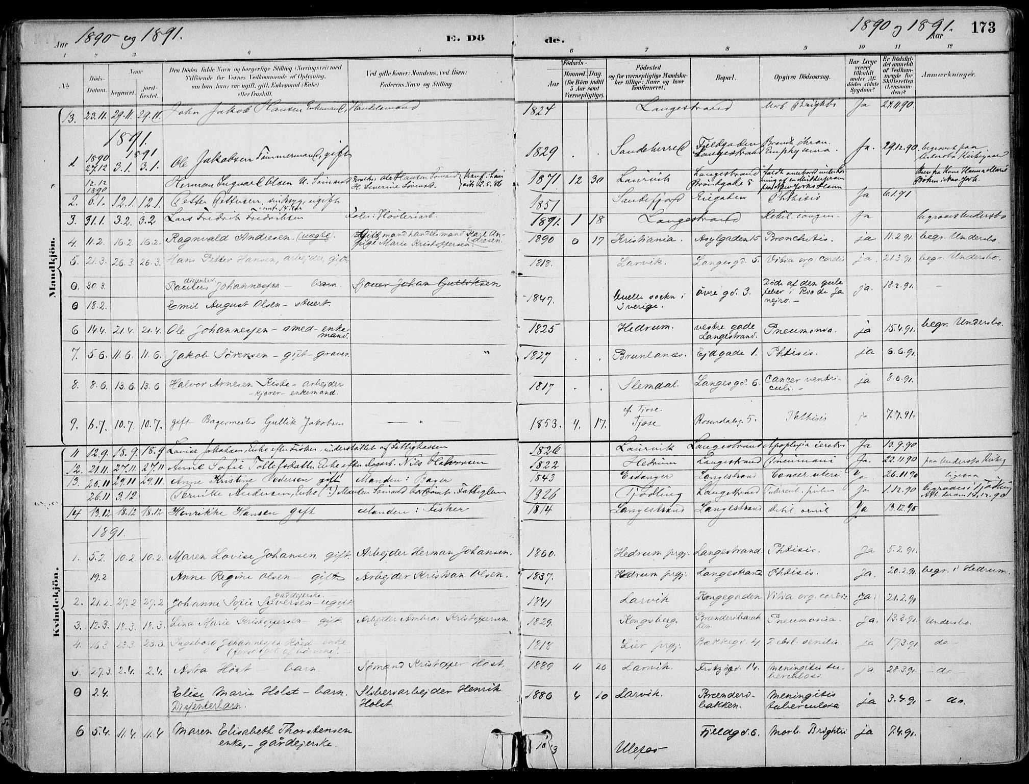 Larvik kirkebøker, AV/SAKO-A-352/F/Fb/L0004: Parish register (official) no. II 4, 1884-1902, p. 173