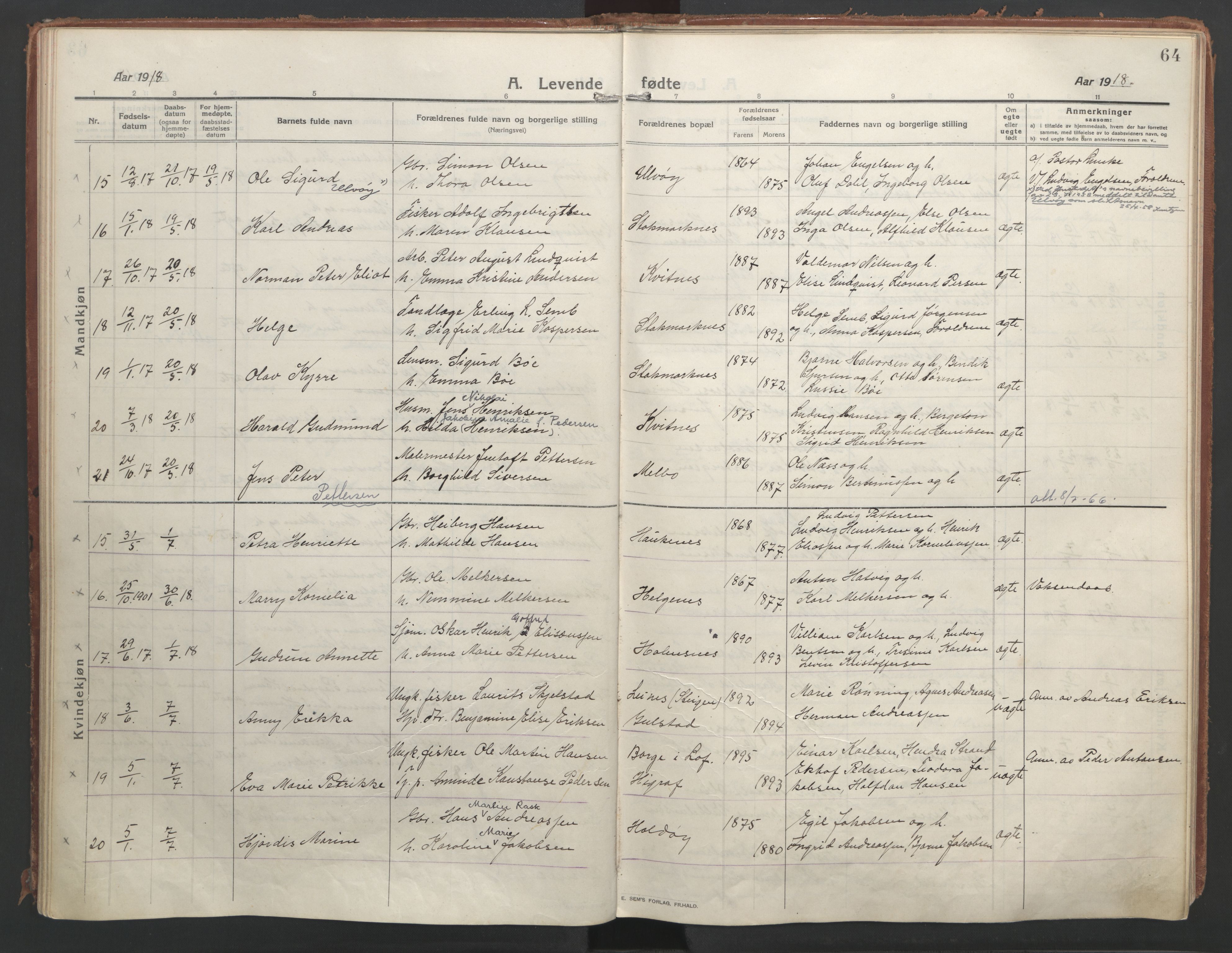 Ministerialprotokoller, klokkerbøker og fødselsregistre - Nordland, AV/SAT-A-1459/888/L1250: Parish register (official) no. 888A16, 1913-1925, p. 64