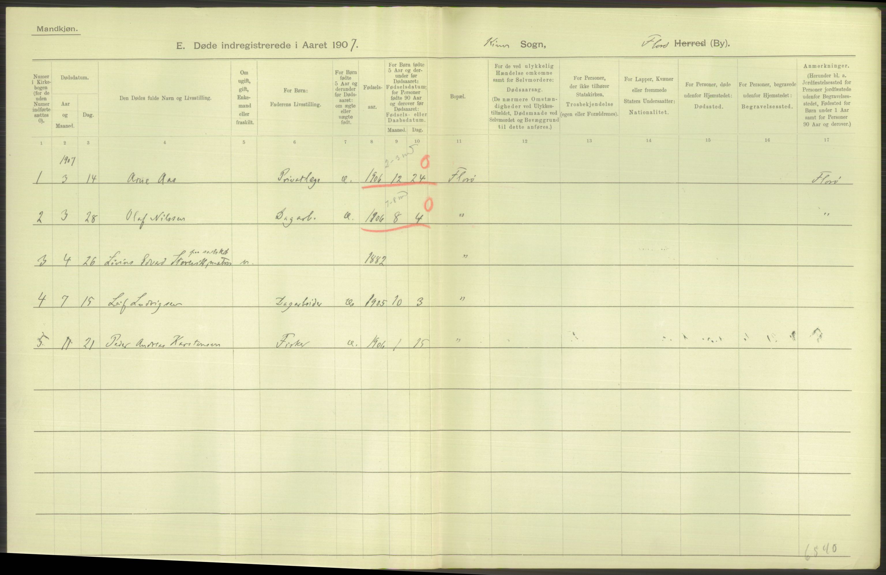 Statistisk sentralbyrå, Sosiodemografiske emner, Befolkning, AV/RA-S-2228/D/Df/Dfa/Dfae/L0034: Florø by: Levendefødte menn og kvinner, gifte, døde, dødfødte., 1907, p. 16