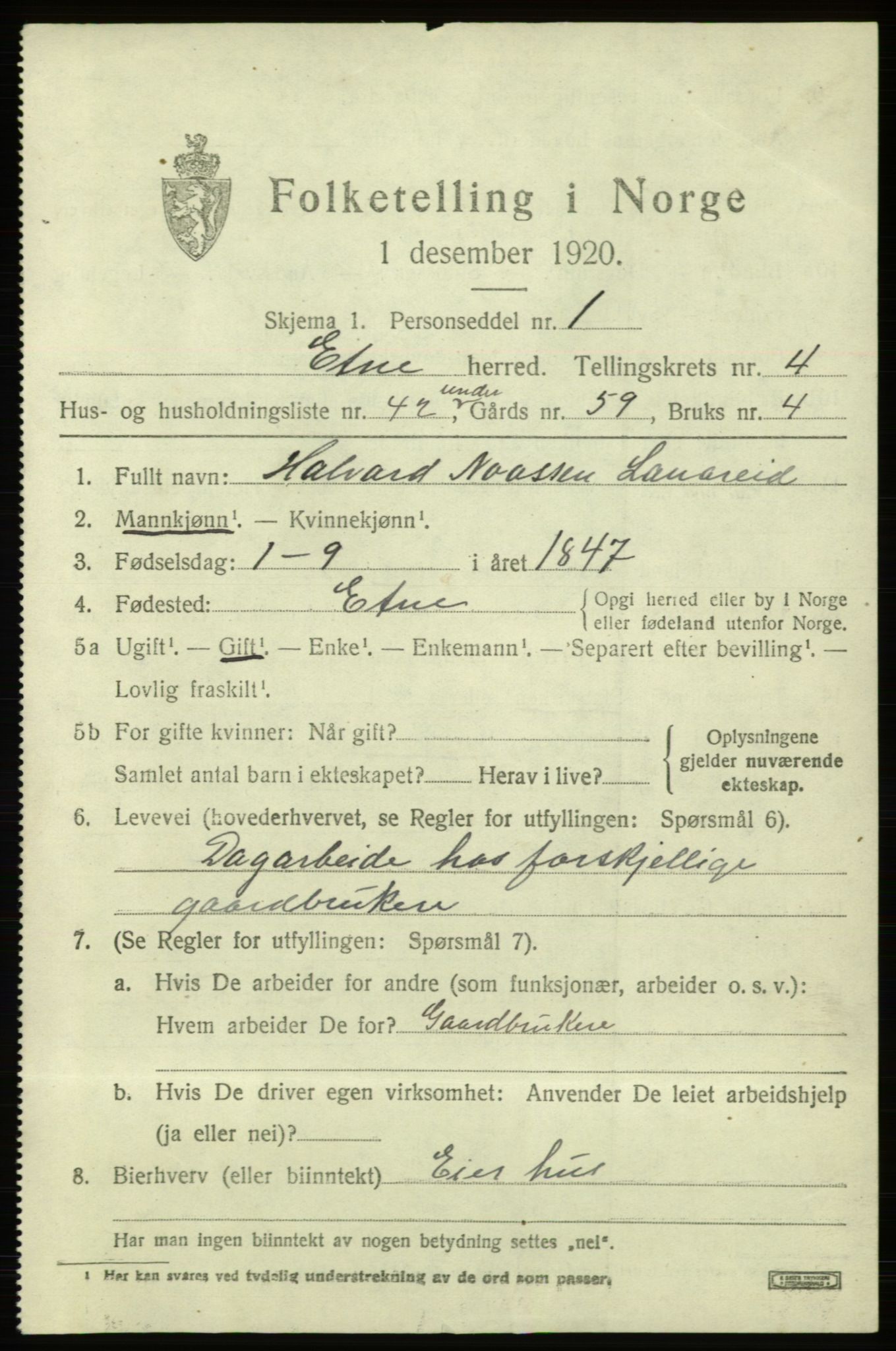 SAB, 1920 census for Etne, 1920, p. 2381