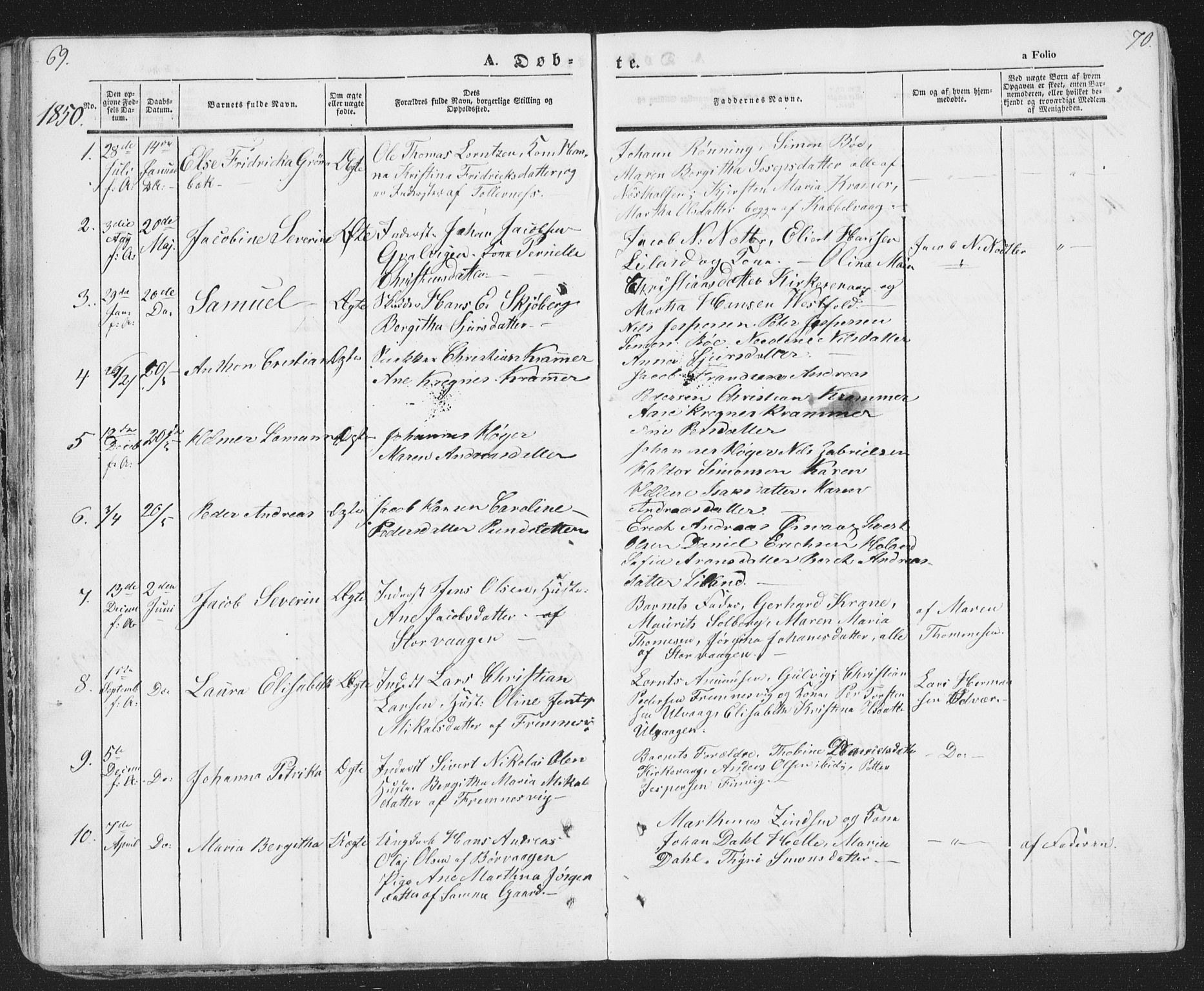 Ministerialprotokoller, klokkerbøker og fødselsregistre - Nordland, SAT/A-1459/874/L1072: Parish register (copy) no. 874C01, 1843-1859, p. 69-70