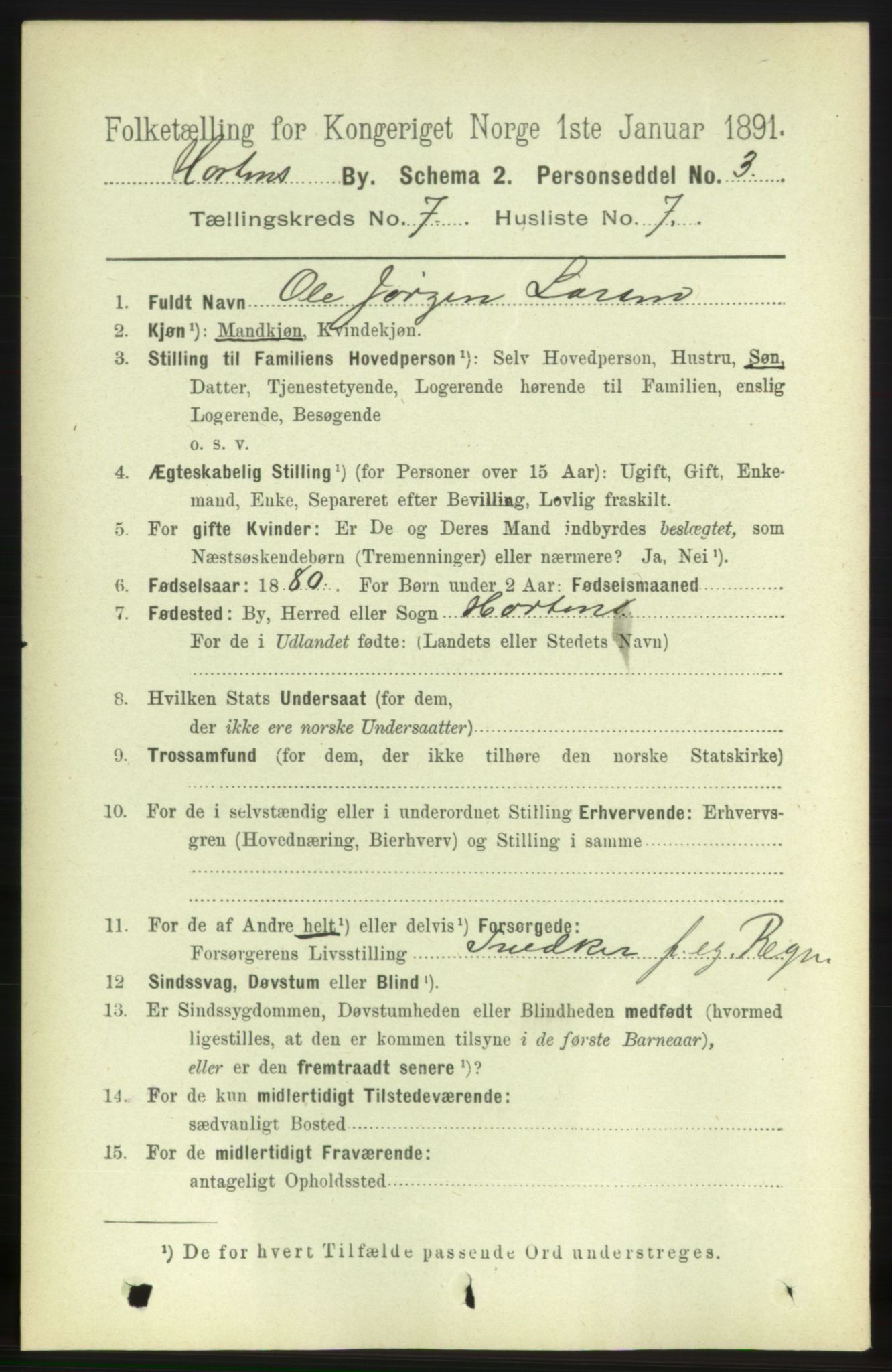RA, 1891 census for 0703 Horten, 1891, p. 4465