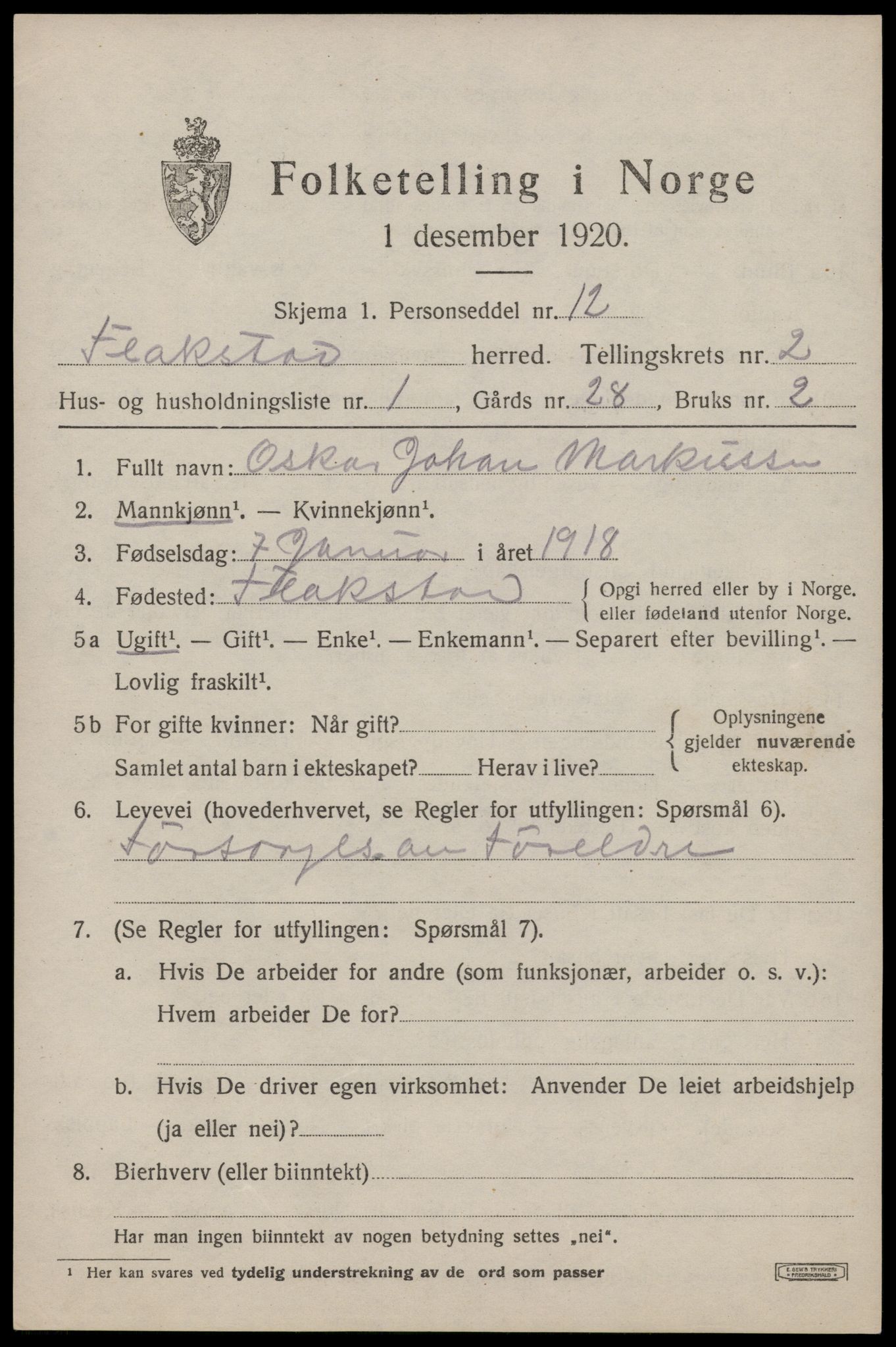SAT, 1920 census for Flakstad, 1920, p. 1239