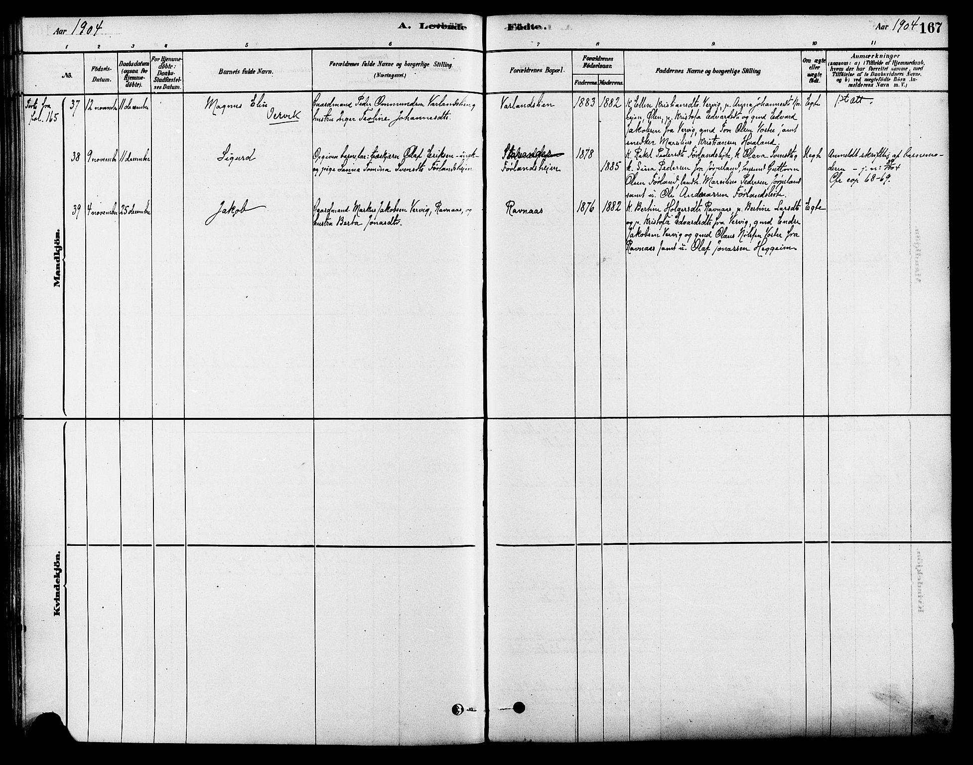 Strand sokneprestkontor, SAST/A-101828/H/Ha/Haa/L0009: Parish register (official) no. A 9, 1877-1908, p. 167
