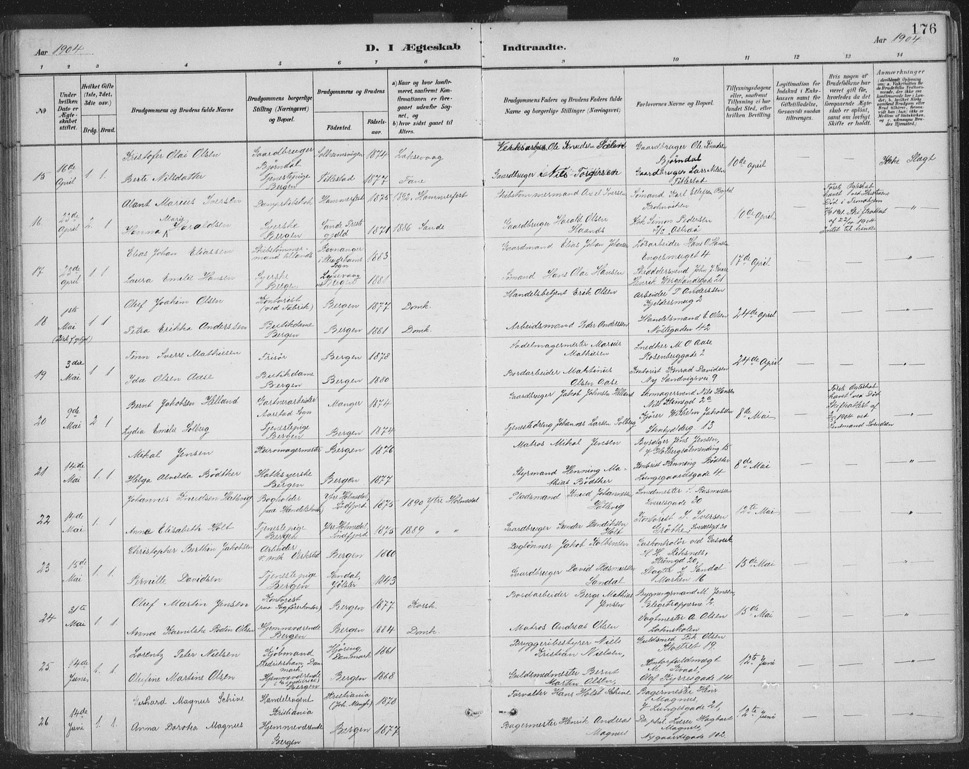 Domkirken sokneprestembete, AV/SAB-A-74801/H/Hab/L0032: Parish register (copy) no. D 4, 1880-1907, p. 176