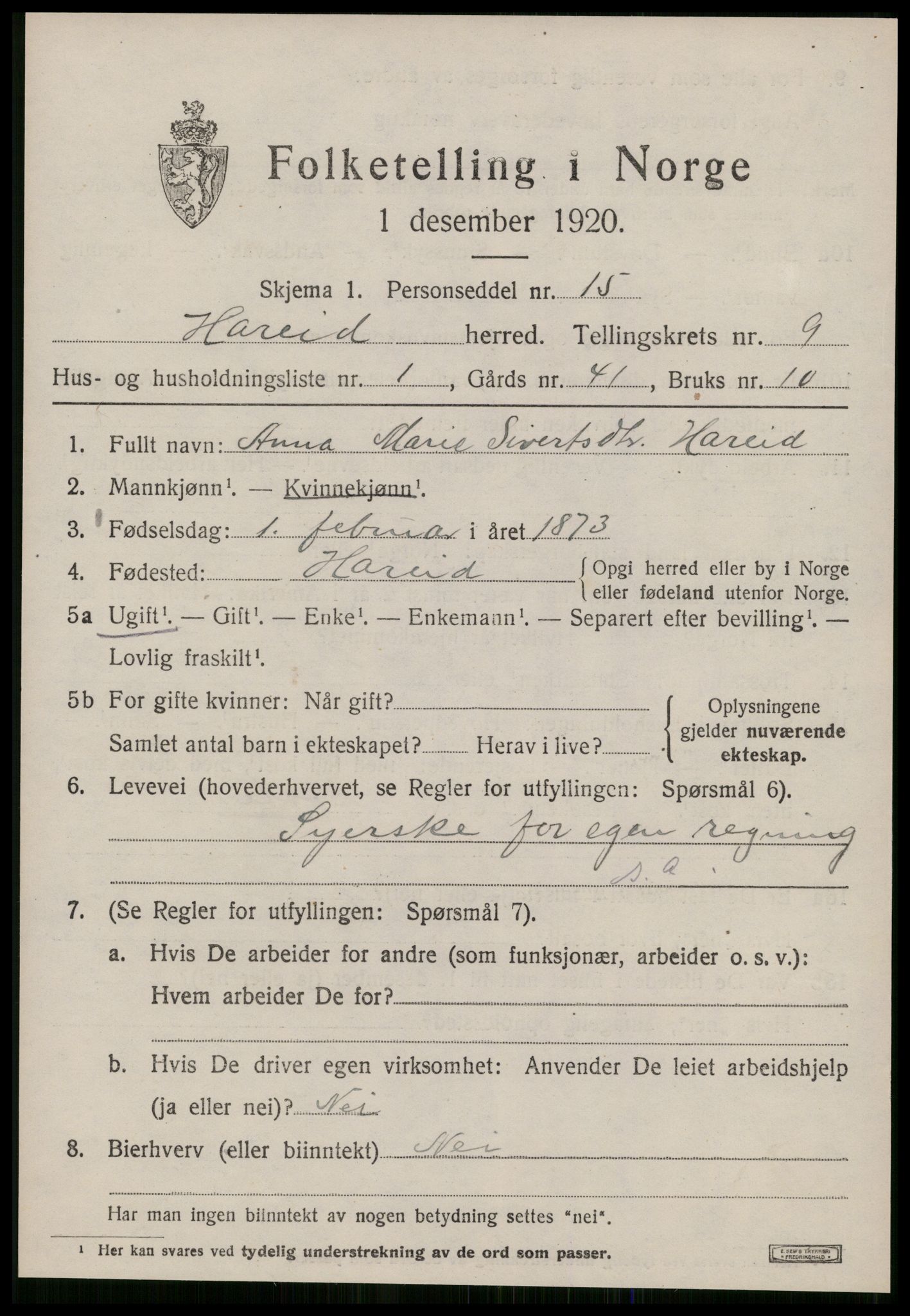 SAT, 1920 census for Hareid, 1920, p. 3187