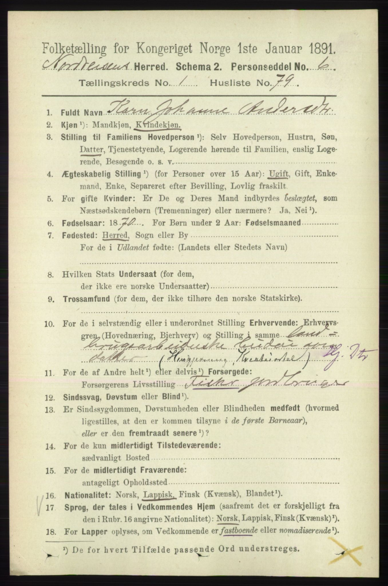 RA, 1891 census for 1942 Nordreisa, 1891, p. 606