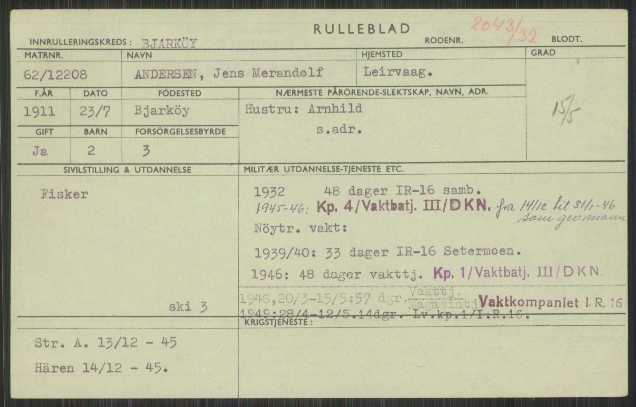 Forsvaret, Troms infanteriregiment nr. 16, AV/RA-RAFA-3146/P/Pa/L0016: Rulleblad for regimentets menige mannskaper, årsklasse 1932, 1932, p. 5
