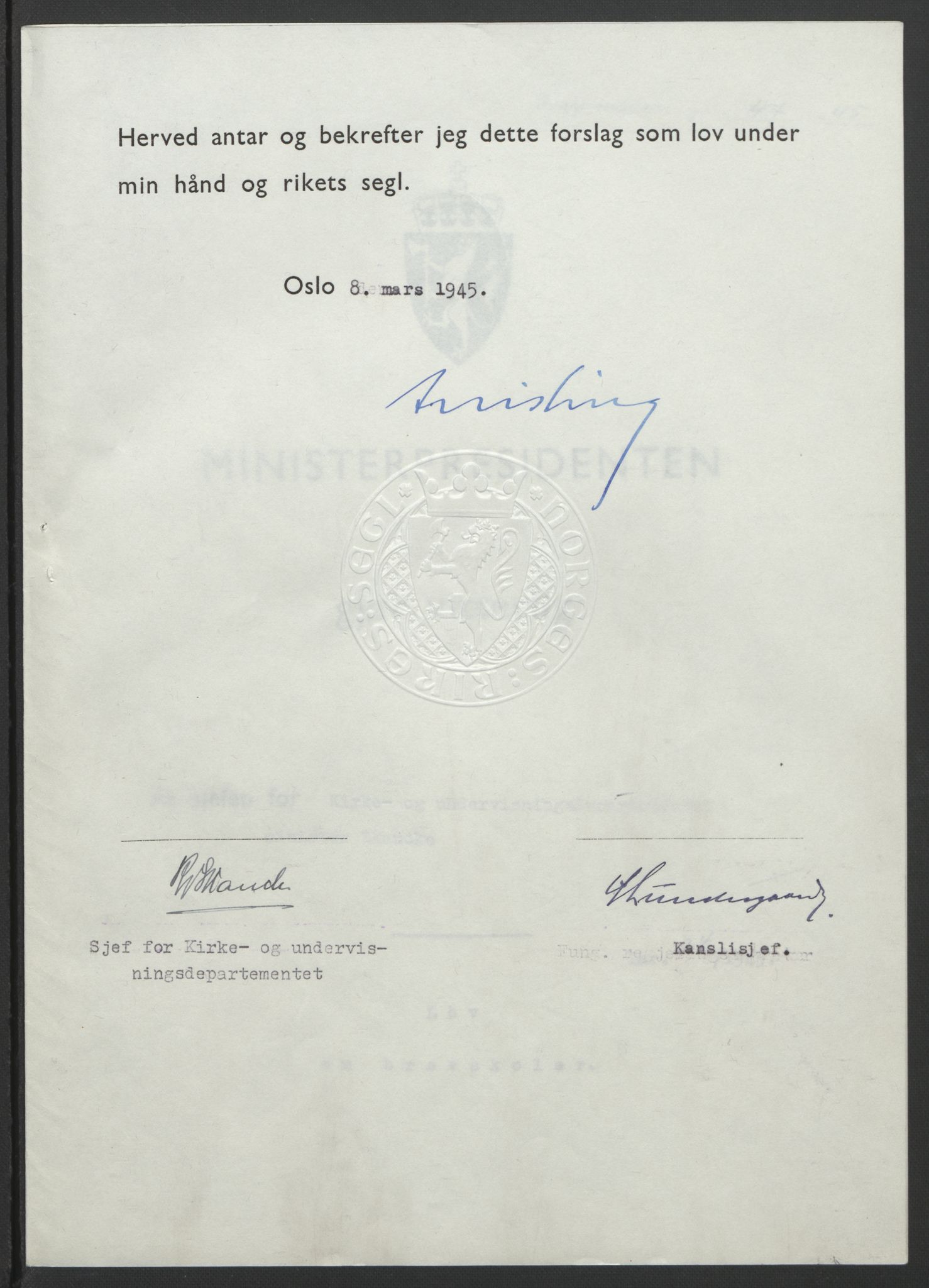 NS-administrasjonen 1940-1945 (Statsrådsekretariatet, de kommisariske statsråder mm), AV/RA-S-4279/D/Db/L0101/0001: -- / Lover og vedtak, 1945, p. 101