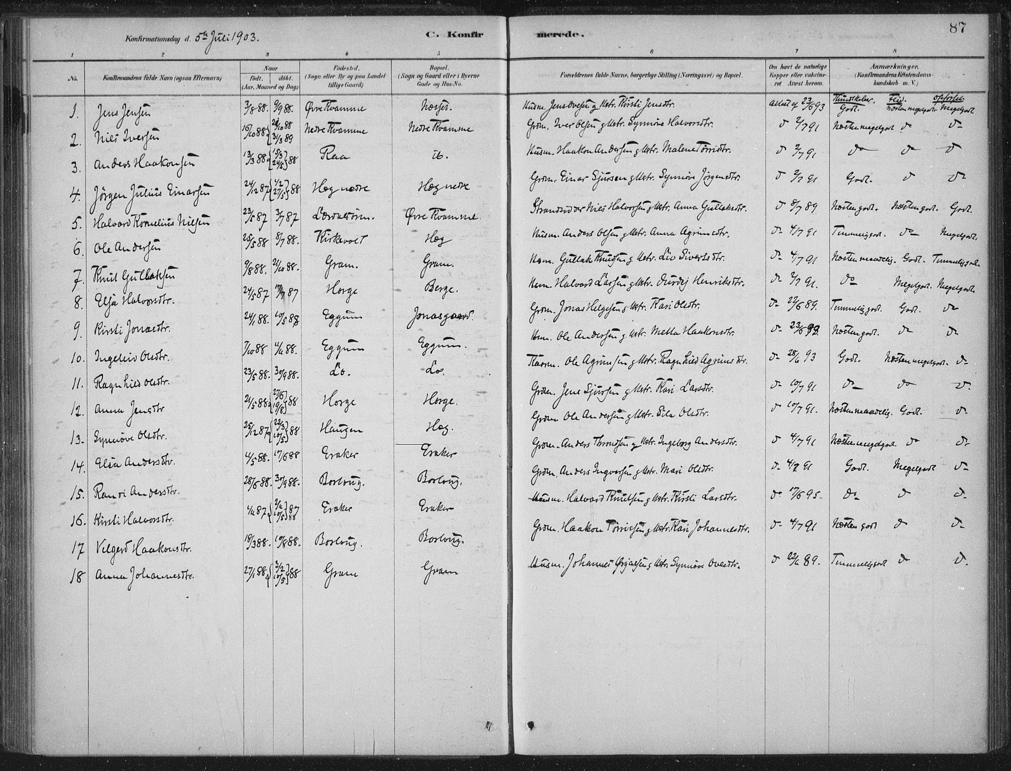 Lærdal sokneprestembete, AV/SAB-A-81201: Parish register (official) no. C  1, 1878-1911, p. 87