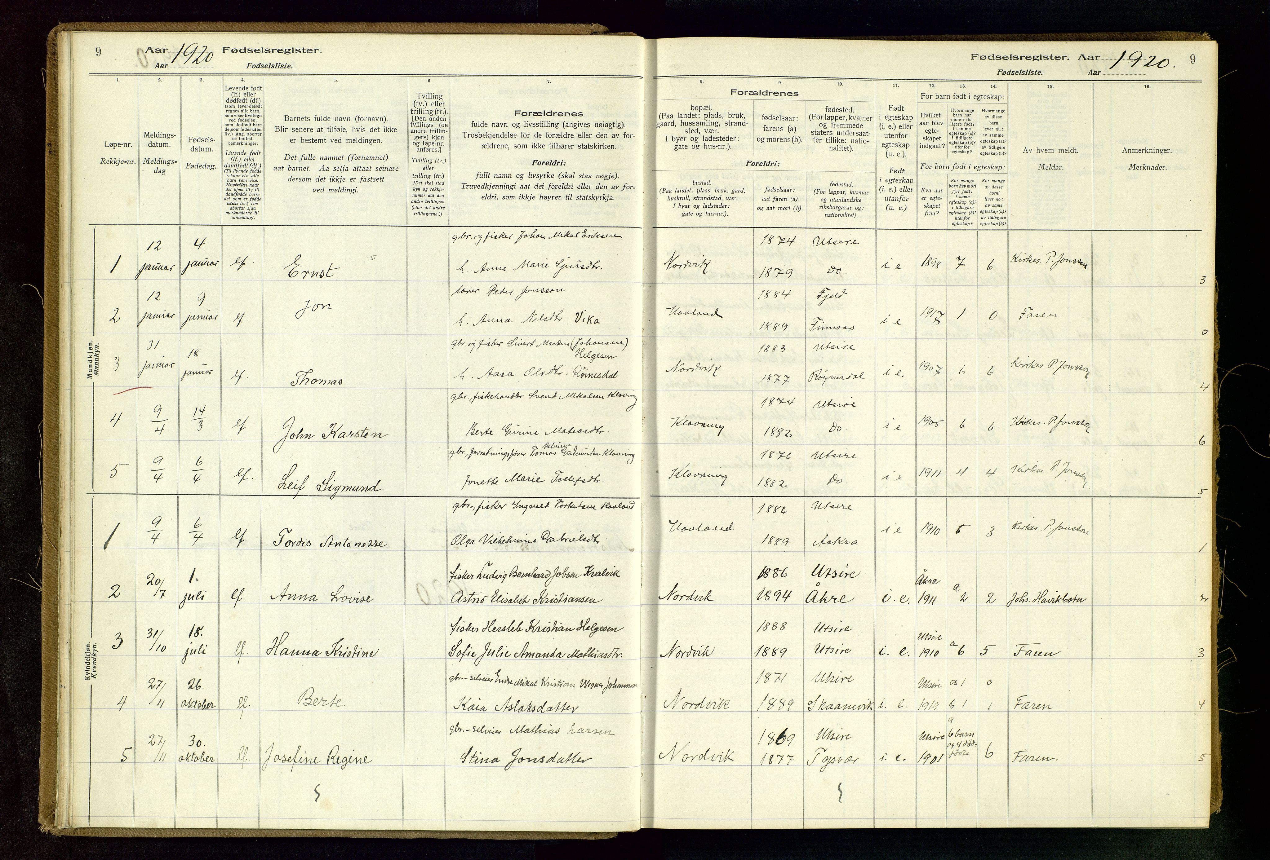 Torvastad sokneprestkontor, SAST/A -101857/I/Id/L0001: Birth register no. 1, 1916-1982, p. 9