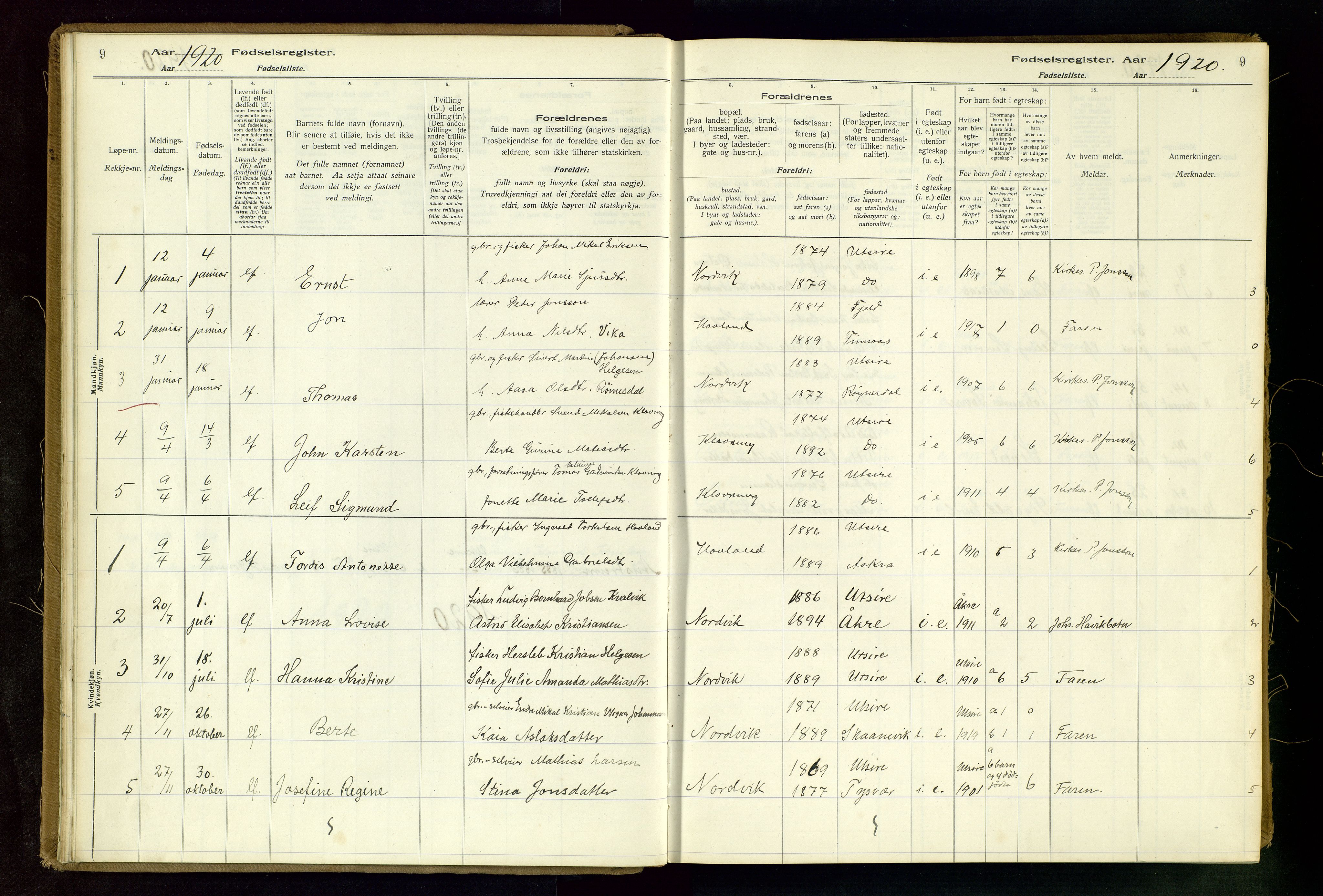 Torvastad sokneprestkontor, AV/SAST-A -101857/I/Id/L0001: Birth register no. 1, 1916-1982, p. 9