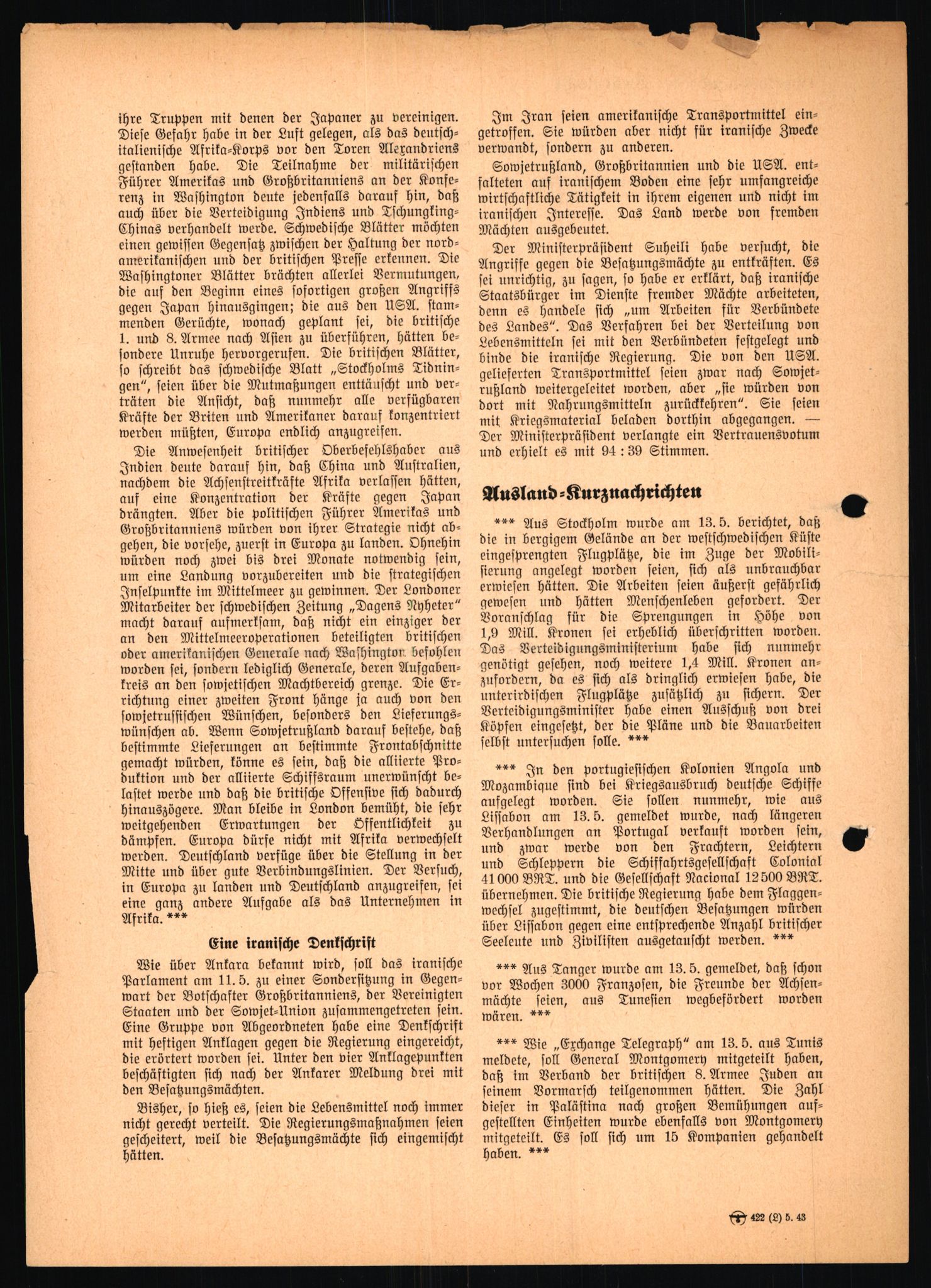 Forsvarets Overkommando. 2 kontor. Arkiv 11.4. Spredte tyske arkivsaker, AV/RA-RAFA-7031/D/Dar/Dara/L0021: Nachrichten des OKW, 1943-1945, p. 143