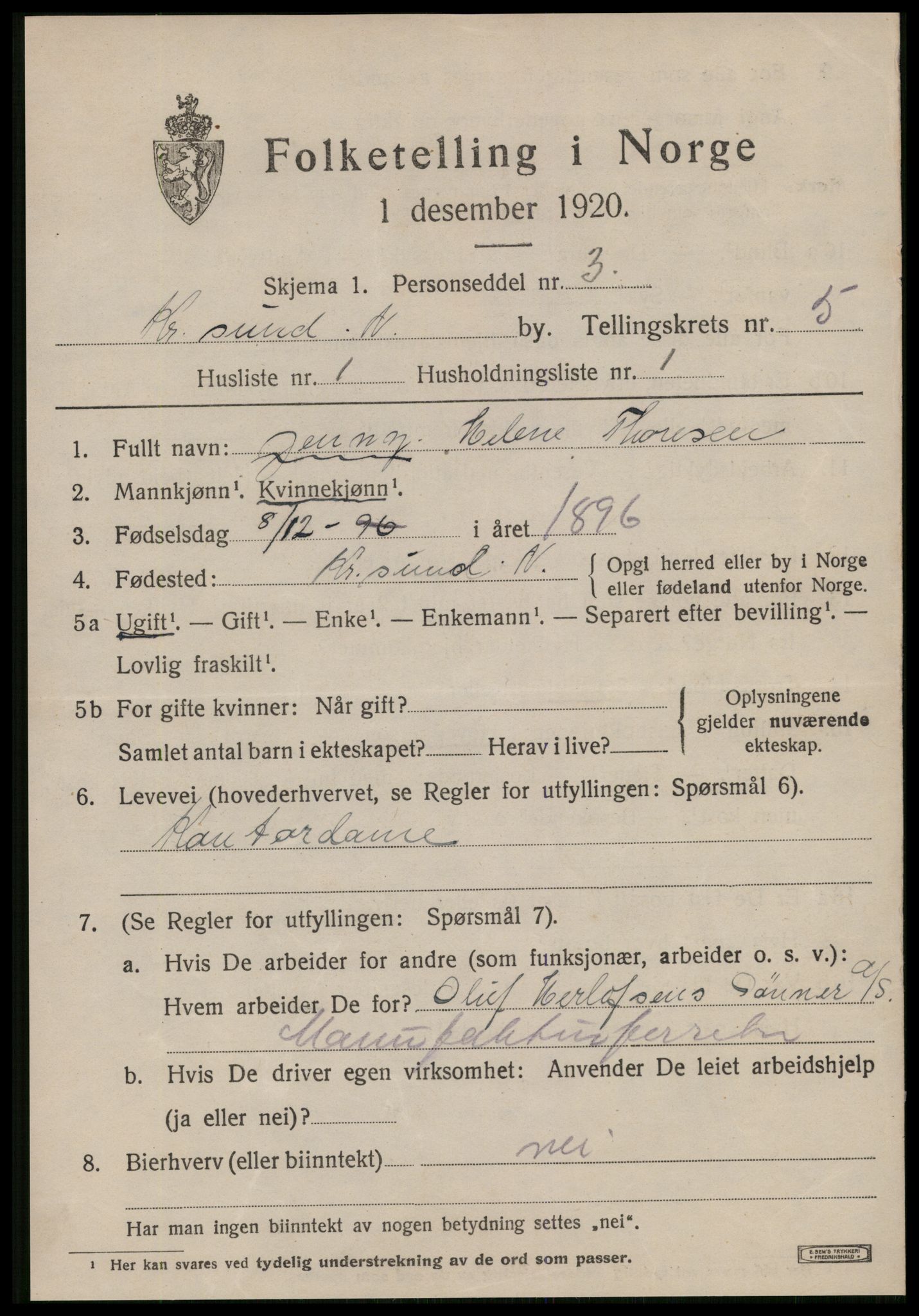 SAT, 1920 census for Kristiansund, 1920, p. 15969