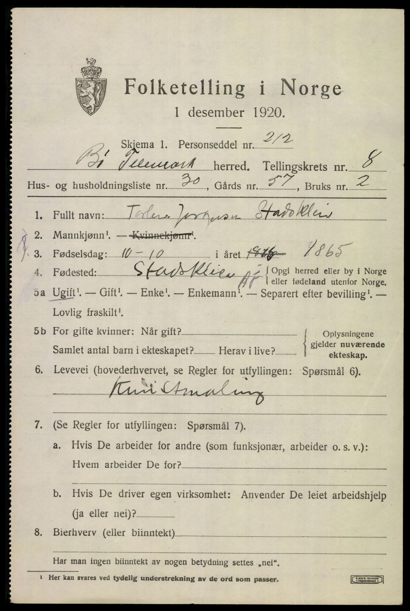 SAKO, 1920 census for Bø (Telemark), 1920, p. 6168