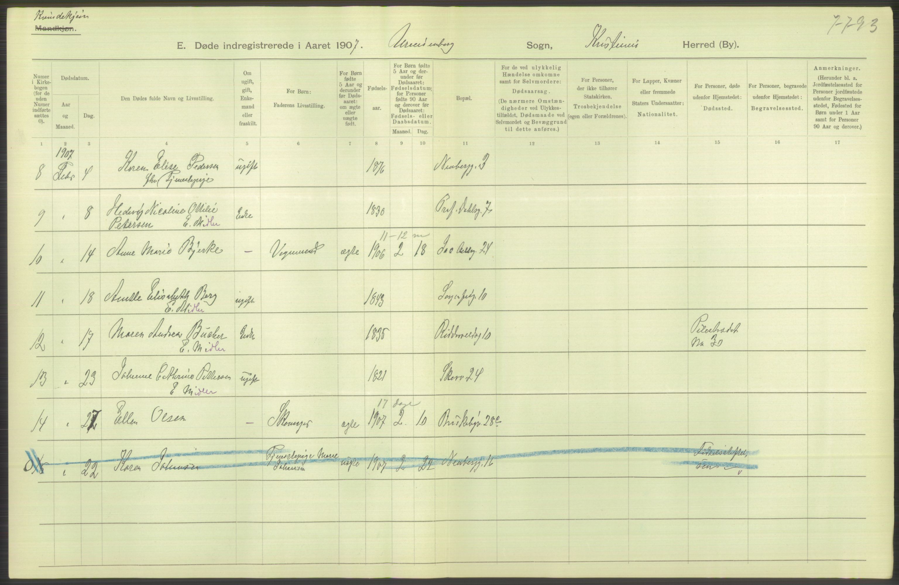 Statistisk sentralbyrå, Sosiodemografiske emner, Befolkning, RA/S-2228/D/Df/Dfa/Dfae/L0009: Kristiania: Døde, 1907, p. 340