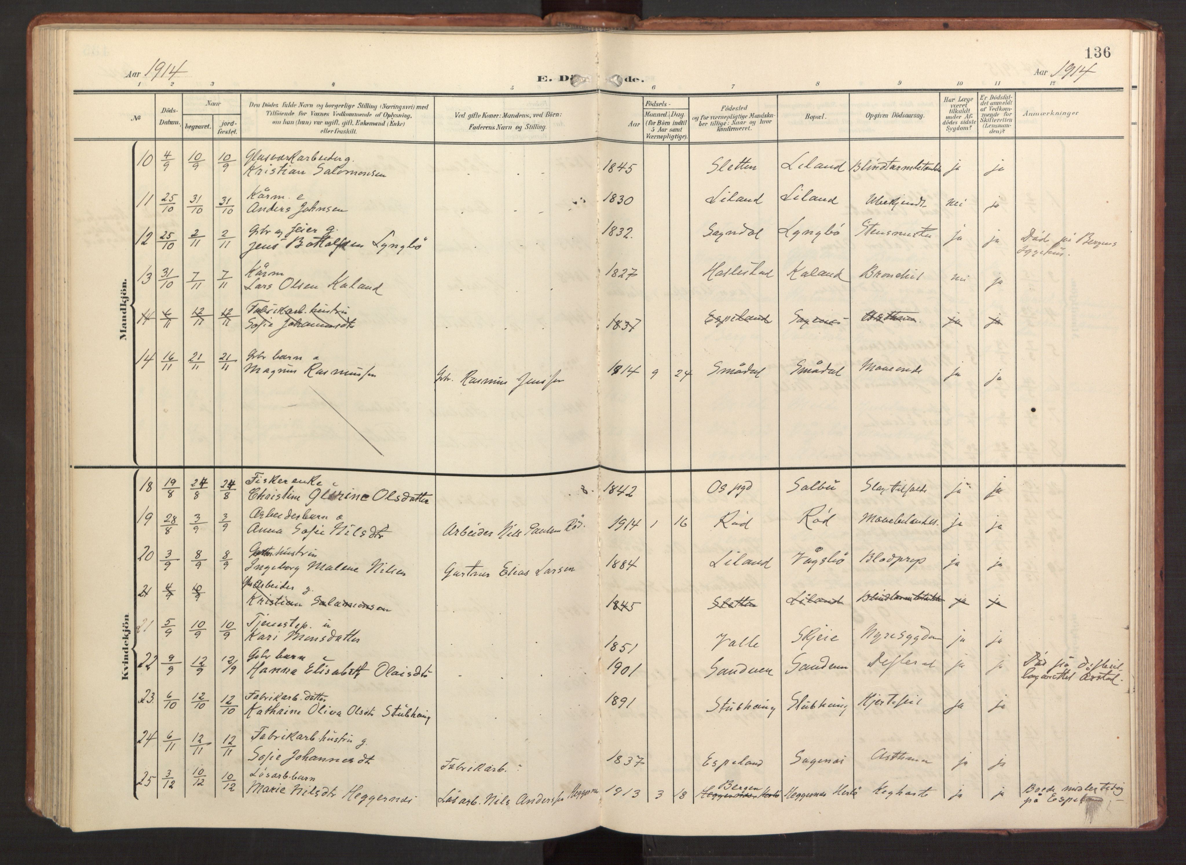 Fana Sokneprestembete, AV/SAB-A-75101/H/Haa/Haab/L0004: Parish register (official) no. B 4, 1908-1915, p. 136