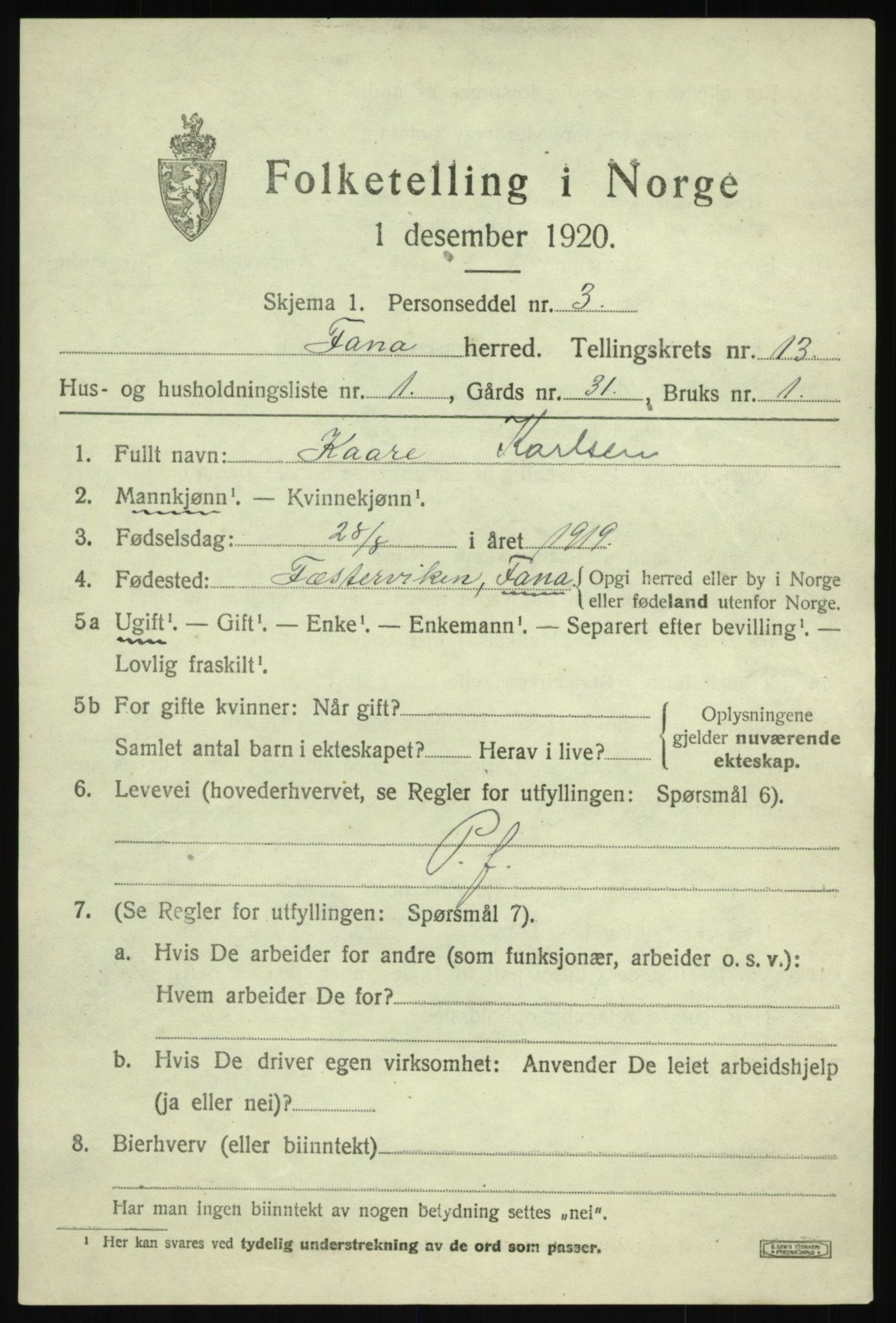 SAB, 1920 census for Fana, 1920, p. 19723