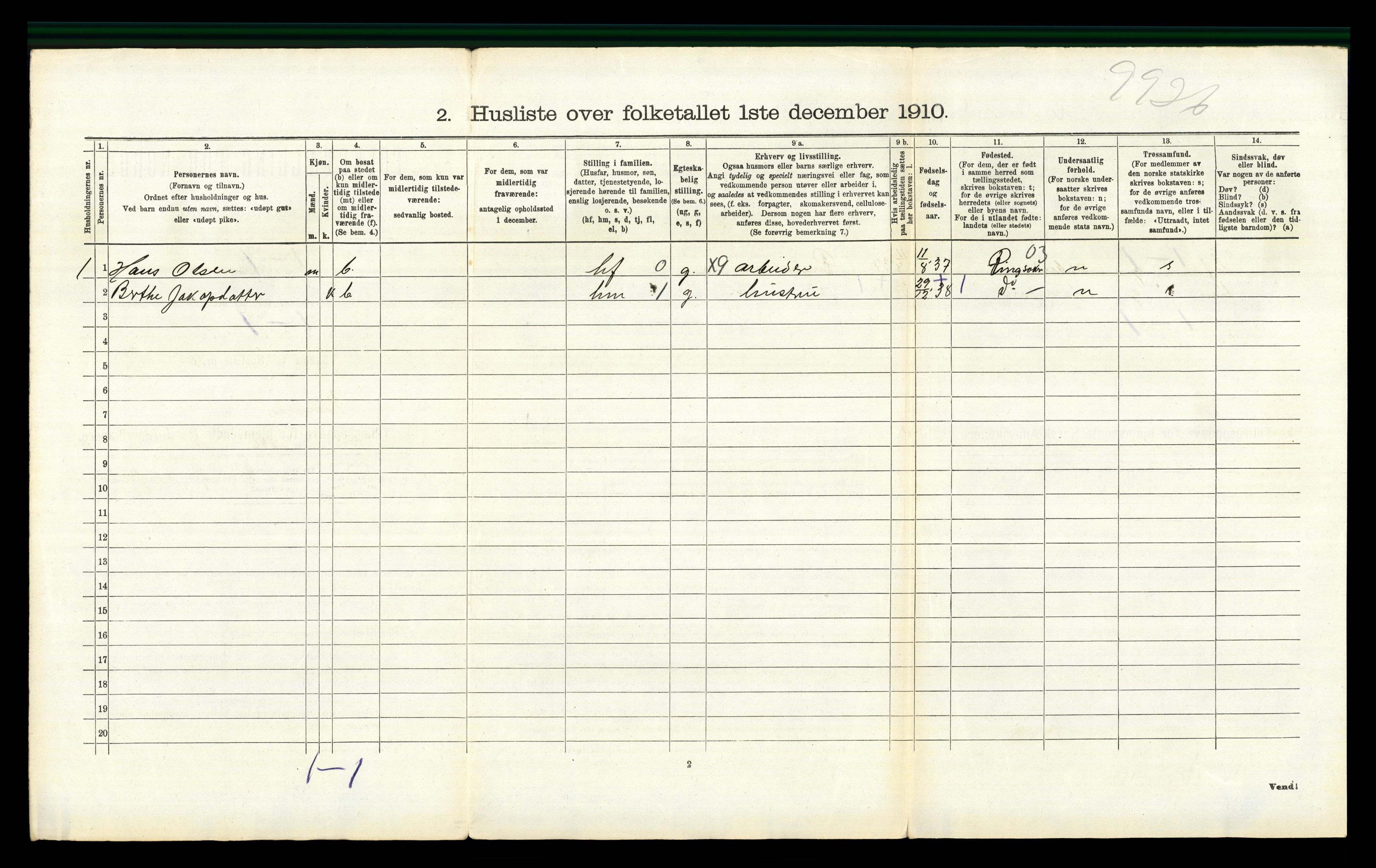 RA, 1910 census for Furnes, 1910, p. 1291