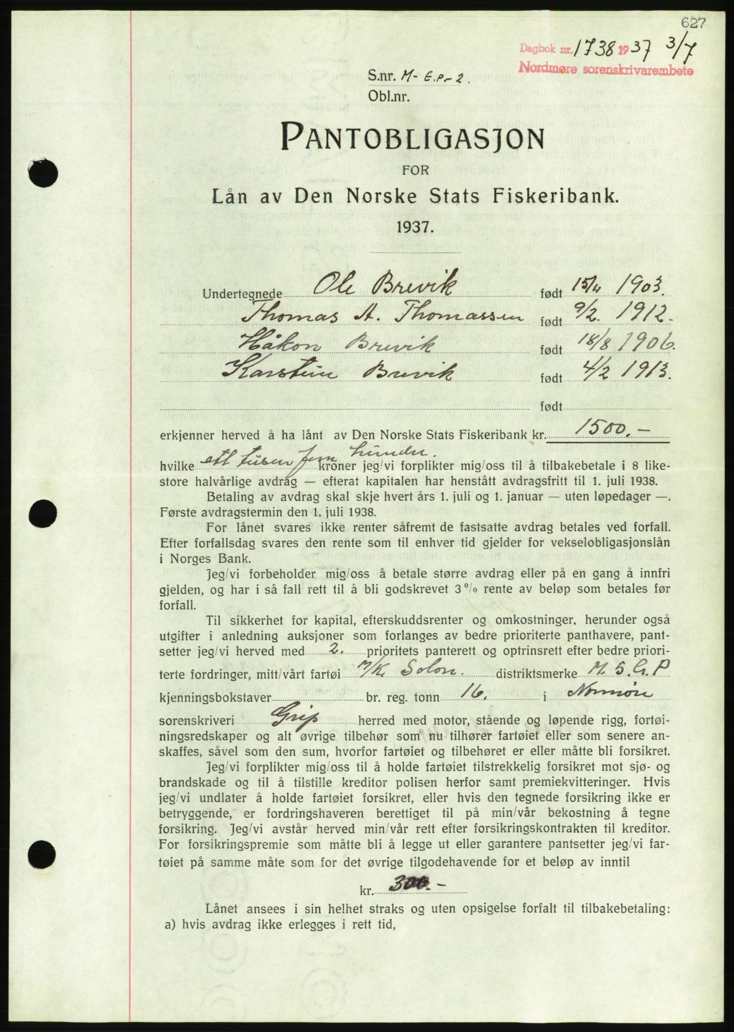 Nordmøre sorenskriveri, AV/SAT-A-4132/1/2/2Ca/L0091: Mortgage book no. B81, 1937-1937, Diary no: : 1738/1937