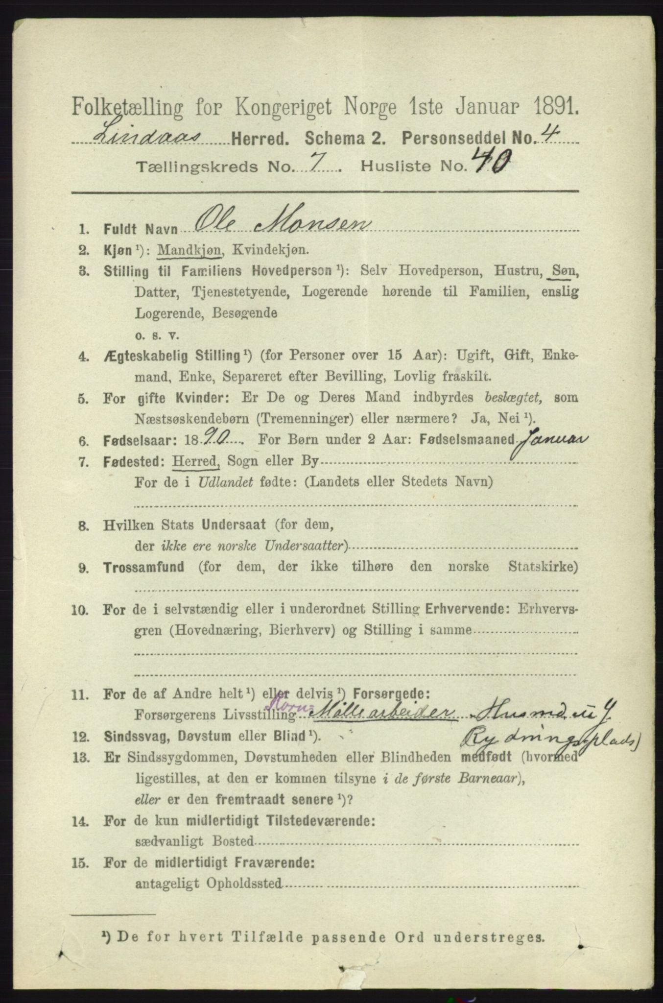 RA, 1891 census for 1263 Lindås, 1891, p. 2351