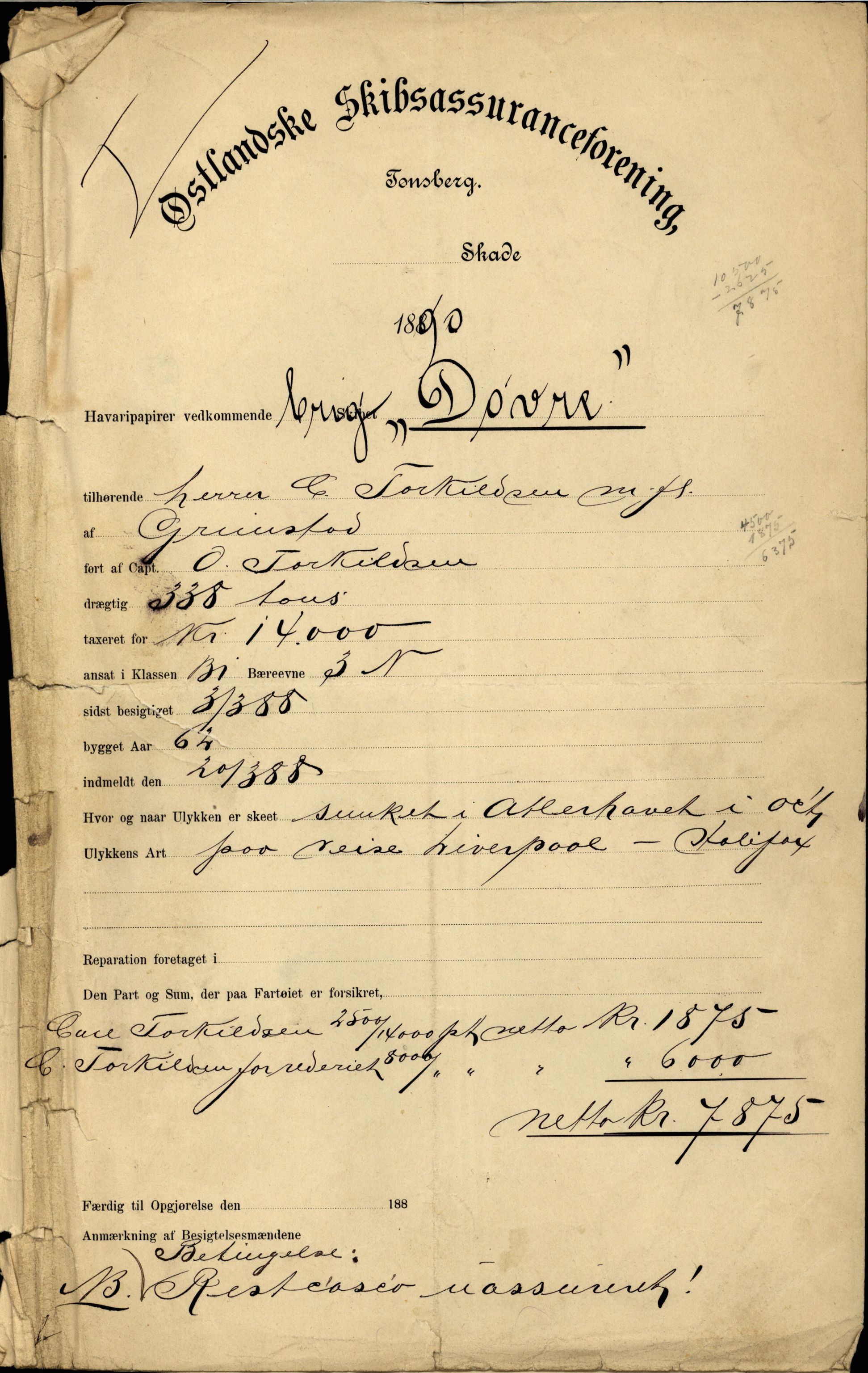 Pa 63 - Østlandske skibsassuranceforening, VEMU/A-1079/G/Ga/L0026/0002: Havaridokumenter / Dovre, Dictator, Ella, Elizabeth Morton, 1890, p. 3