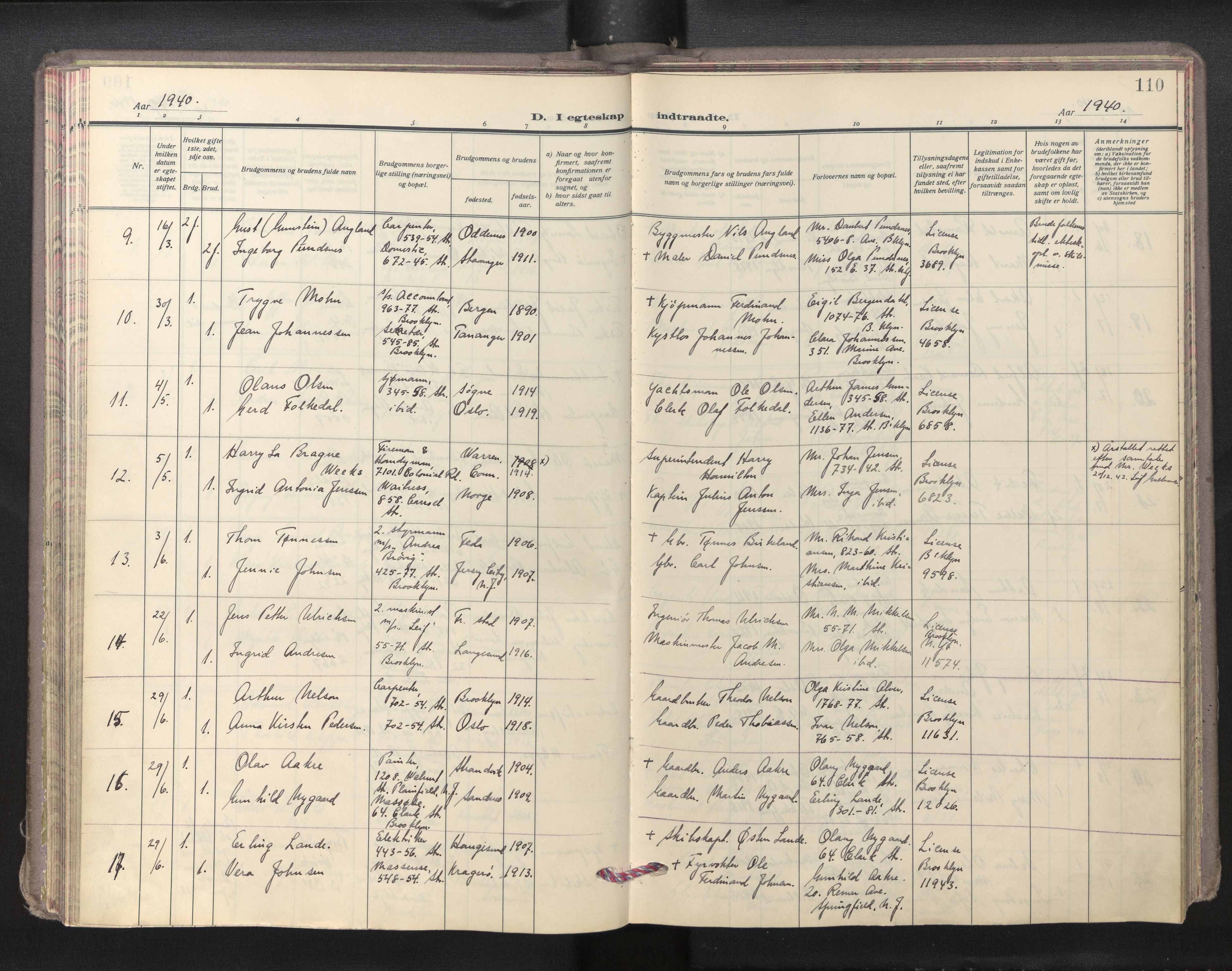 Den norske sjømannsmisjon i utlandet/New York, AV/SAB-SAB/PA-0110/H/Ha/L0009: Parish register (official) no. A 9, 1935-1945, p. 109b-110a