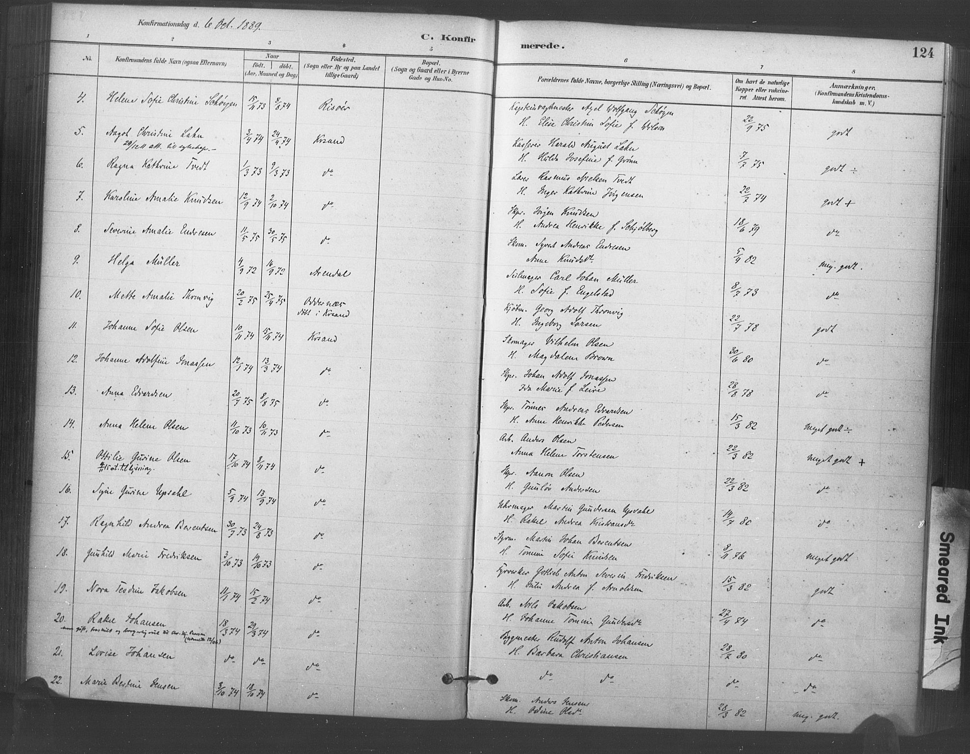 Kristiansand domprosti, SAK/1112-0006/F/Fa/L0018: Parish register (official) no. A 17, 1880-1892, p. 124