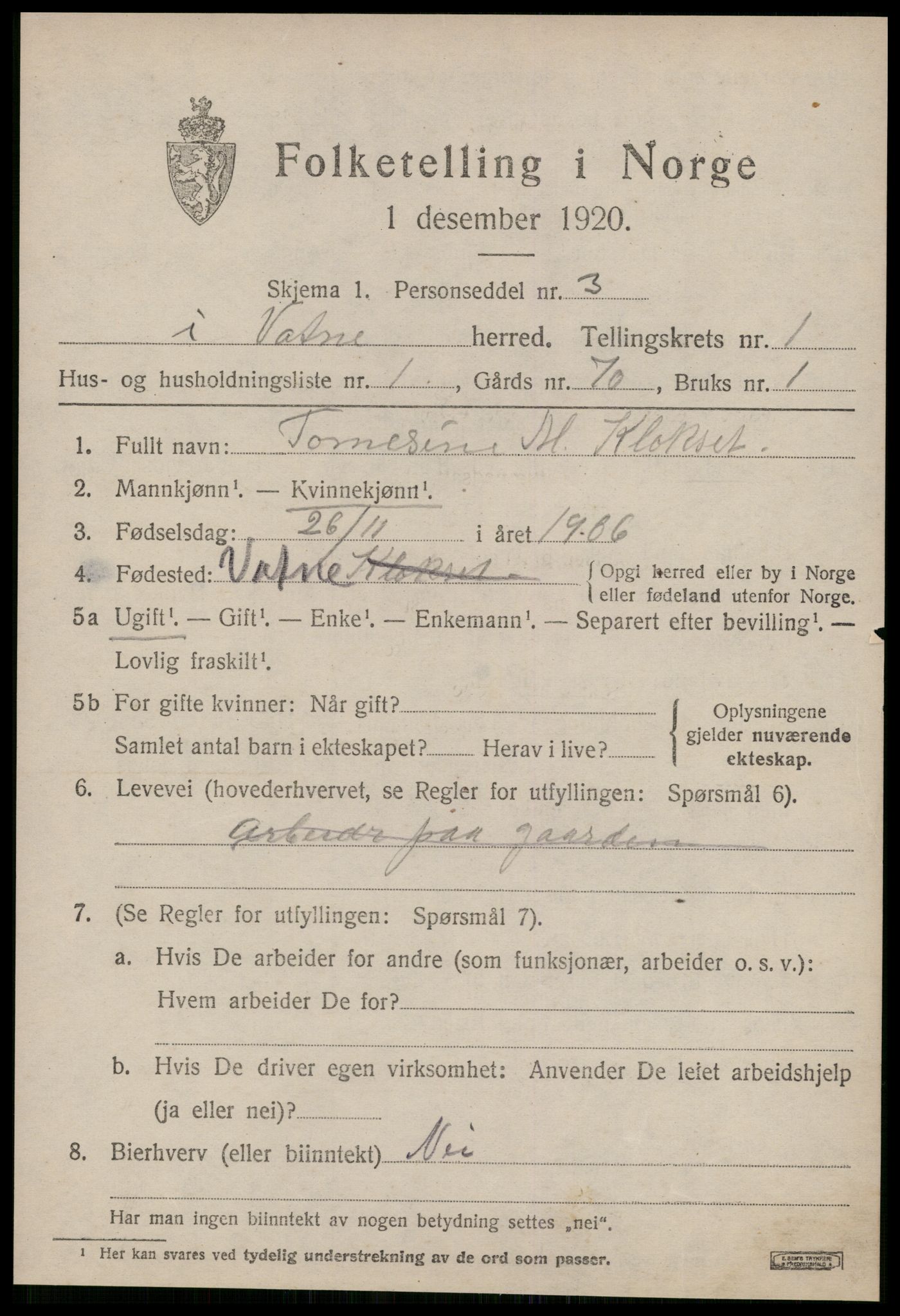 SAT, 1920 census for Vatne, 1920, p. 580