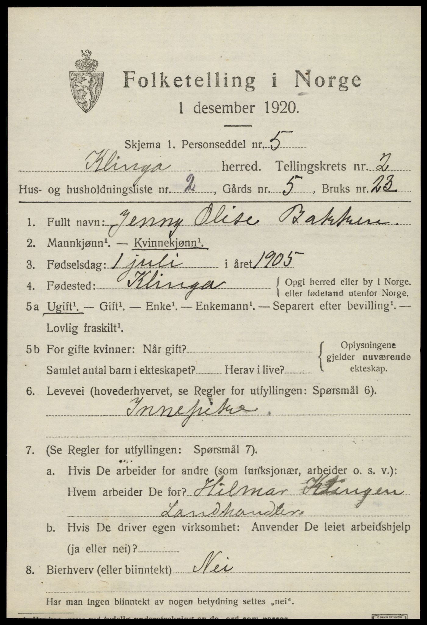 SAT, 1920 census for Klinga, 1920, p. 1413