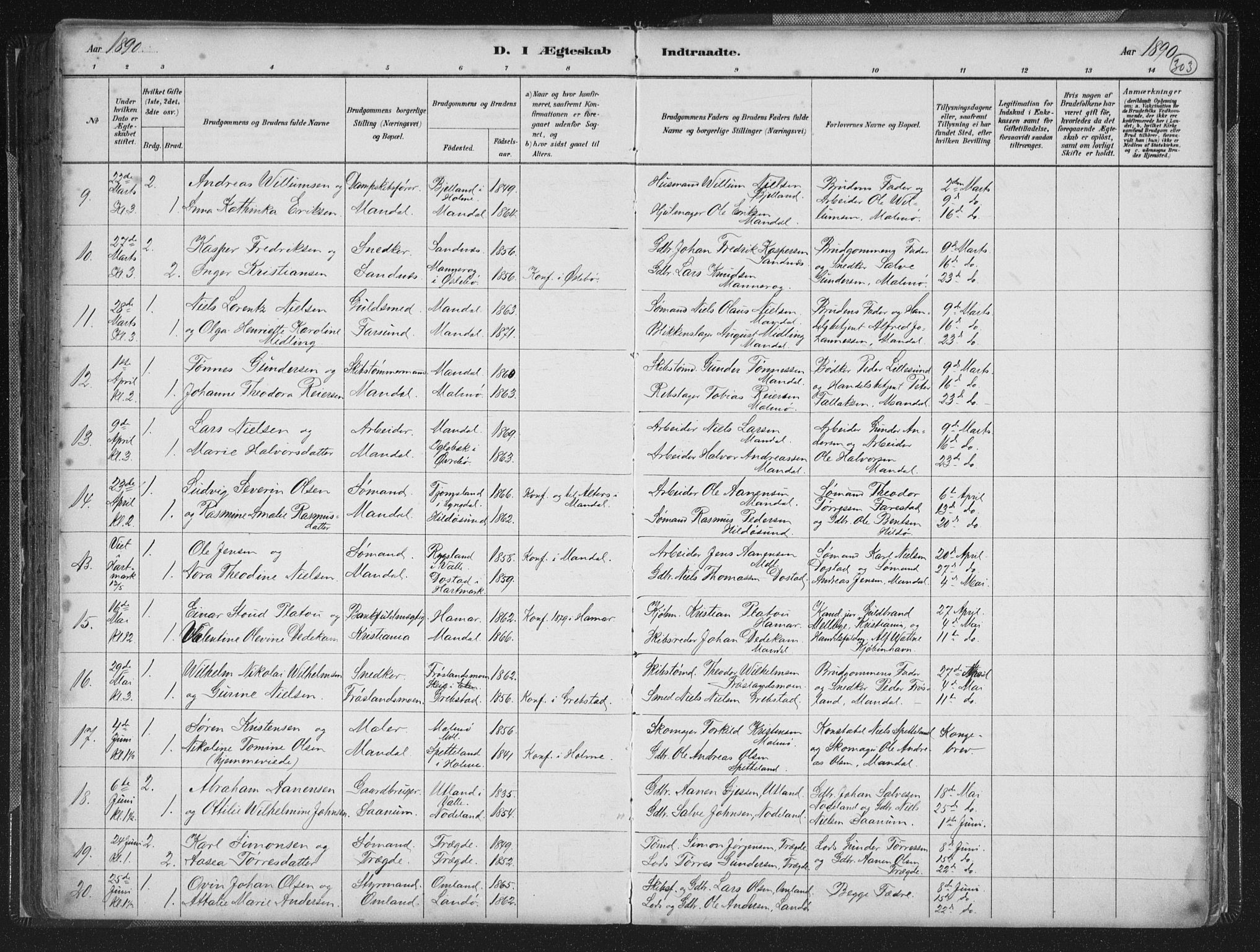 Mandal sokneprestkontor, AV/SAK-1111-0030/F/Fb/Fba/L0011: Parish register (copy) no. B 5, 1880-1898, p. 303