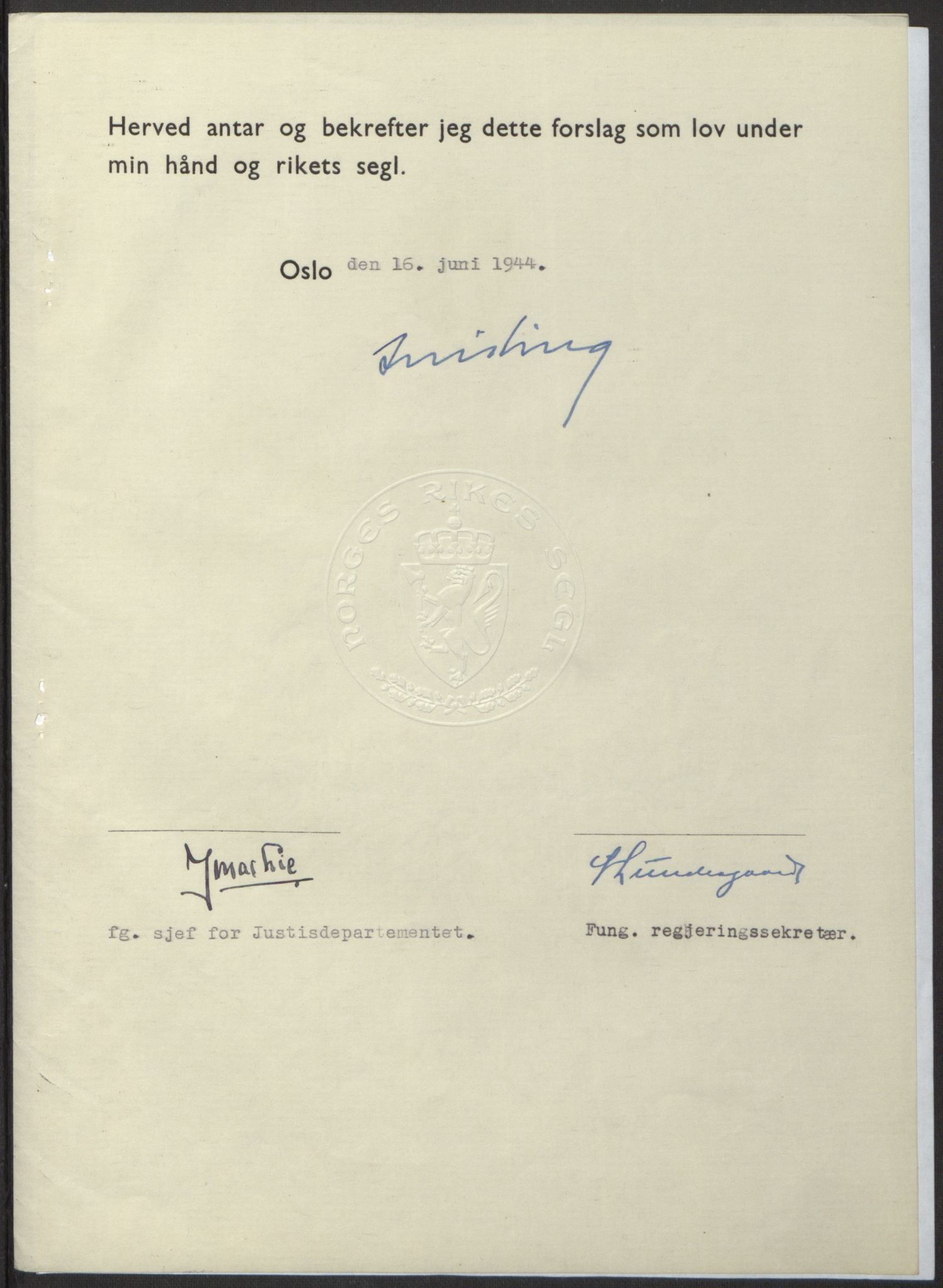 NS-administrasjonen 1940-1945 (Statsrådsekretariatet, de kommisariske statsråder mm), AV/RA-S-4279/D/Db/L0100: Lover, 1944, p. 279