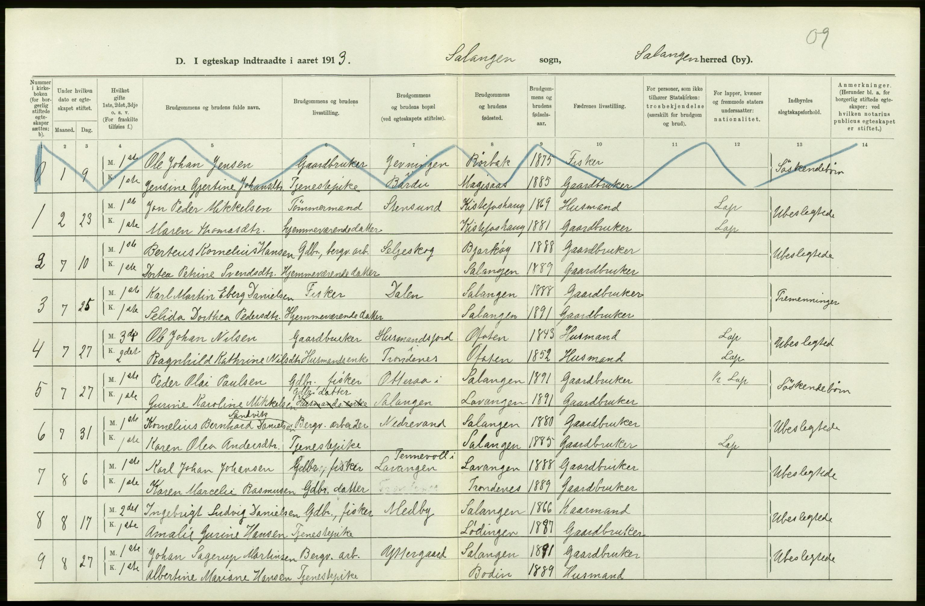 Statistisk sentralbyrå, Sosiodemografiske emner, Befolkning, AV/RA-S-2228/D/Df/Dfb/Dfbc/L0047: Tromsø amt: Gifte, døde, dødfødte. Bygder og byer., 1913, p. 36