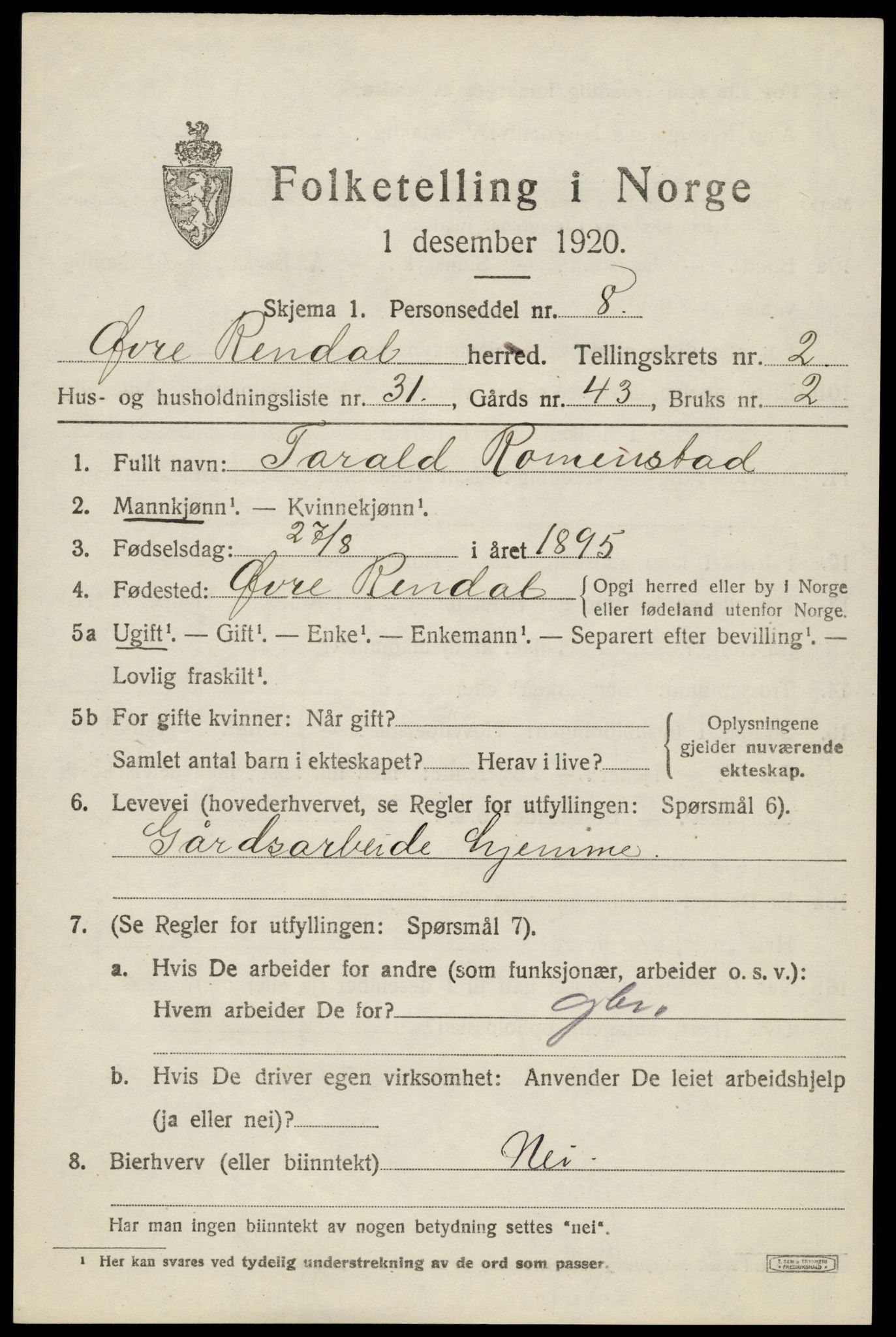 SAH, 1920 census for Øvre Rendal, 1920, p. 1293